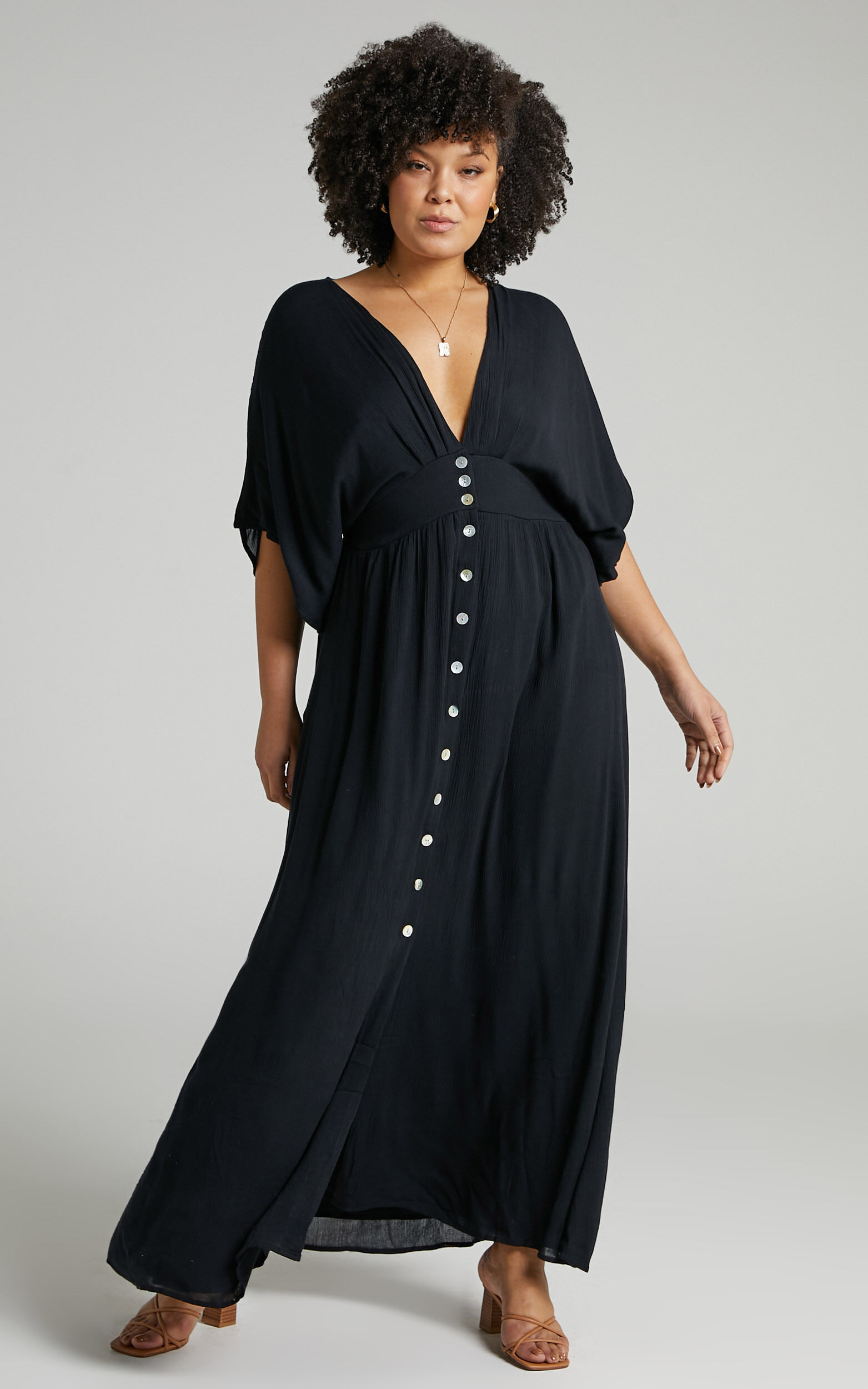 Sitting Pretty Maxi Dress - Short Sleeve Button Down Dress in Black