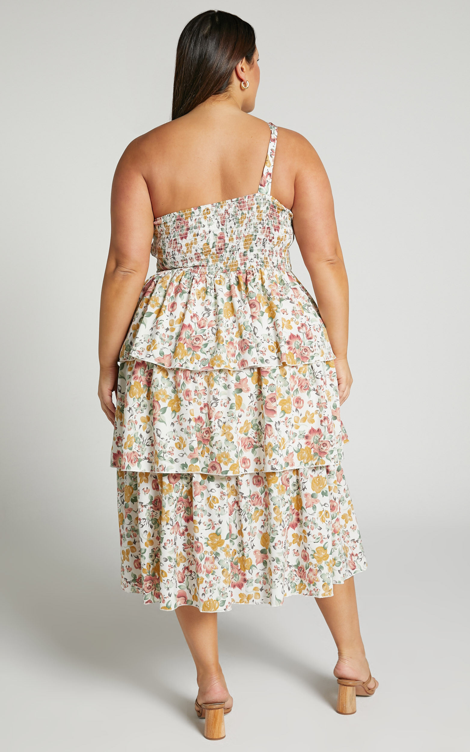 Caro Midi Dress - One Shoulder Tiered Dress in Multi Floral