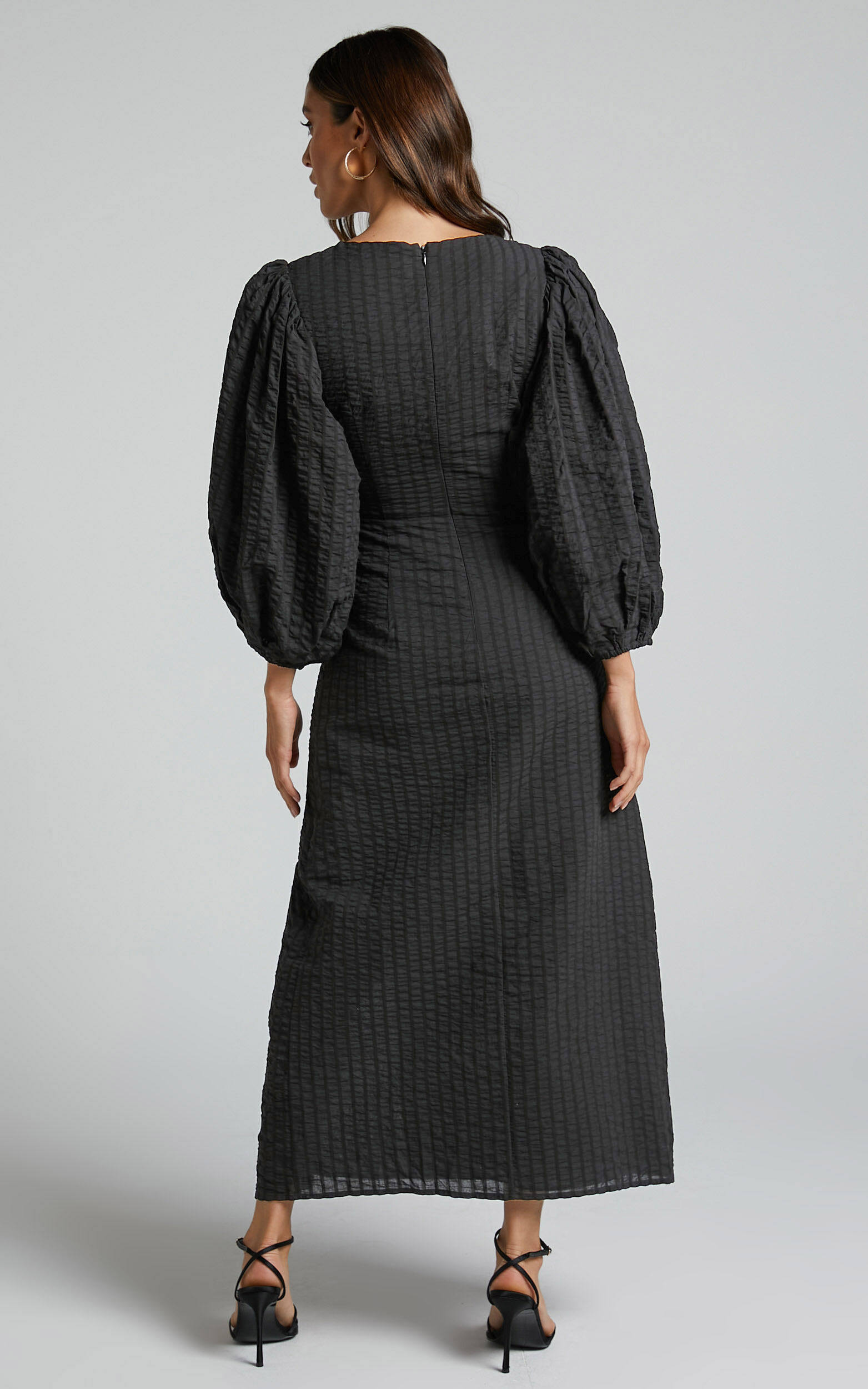 Miggy Midi Dress - Puff Sleeve Cut Out Split Dress in Black