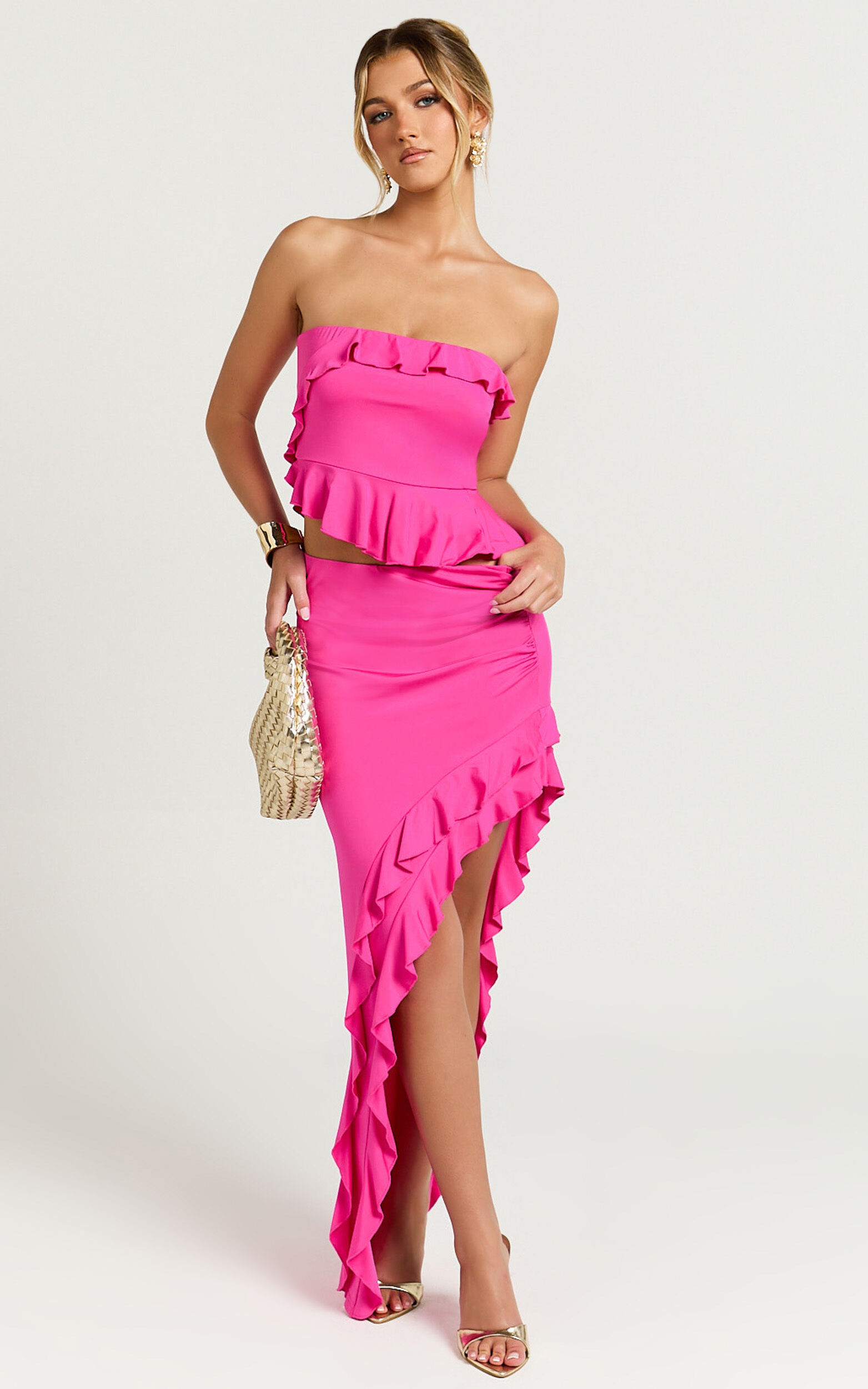 Tess Two Piece Set - Jersey Asymmetric Ruffle Strapless Top And Midi Skirt in Fuchsia Pink