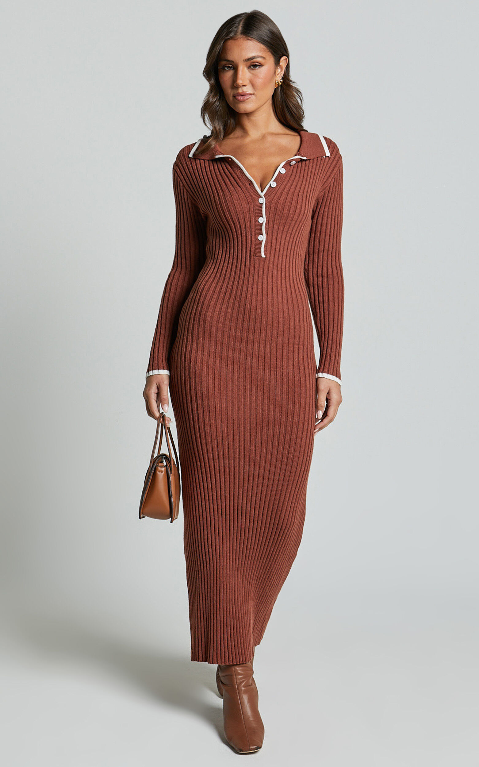 Becky Midi Dress - Button Front Contrast Knit Midi Dress in Chocolate