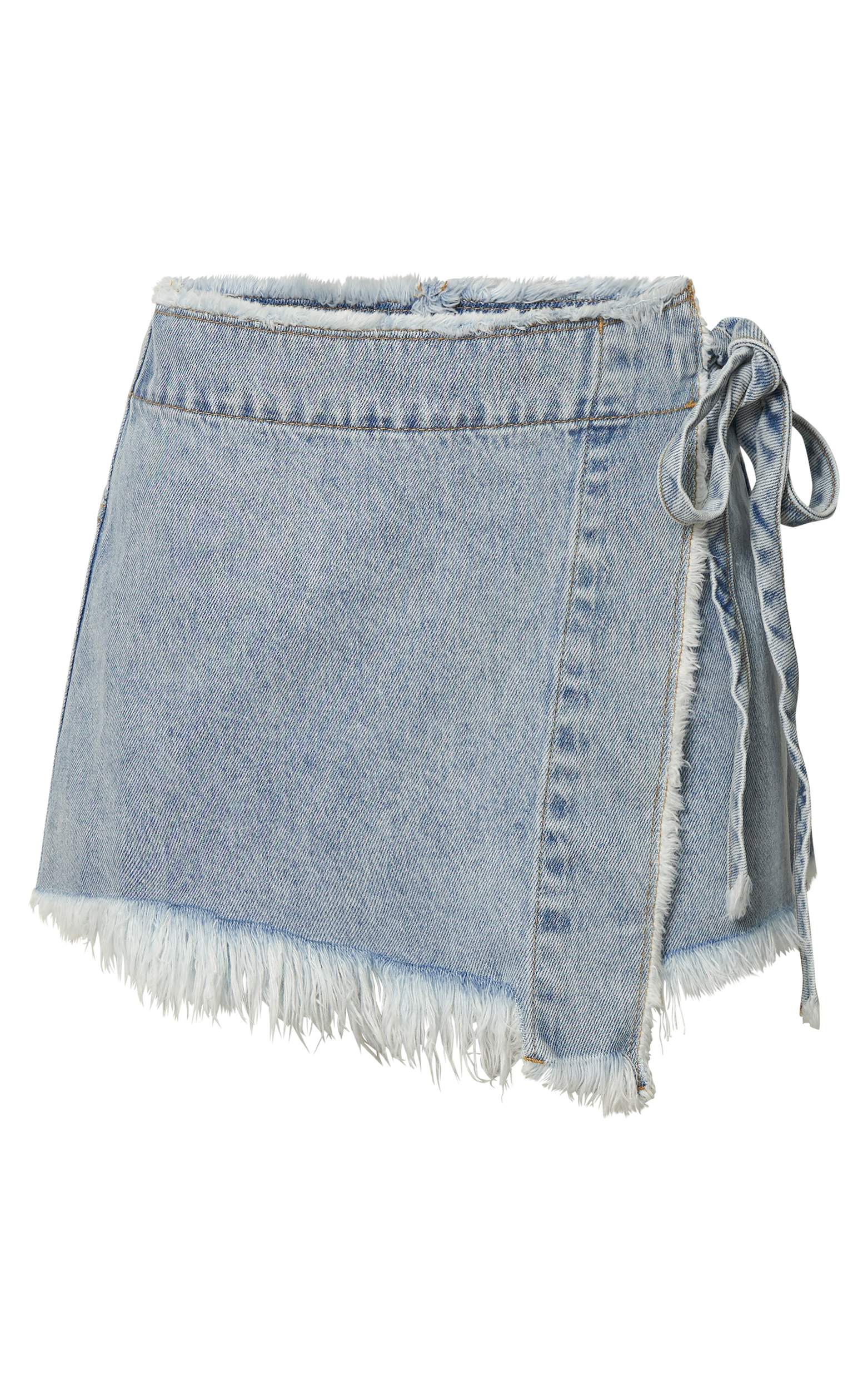 Ellyza Skort - Recycled Cotton Frayed Edge Wrap Denim Skort in Mid Blue Wash