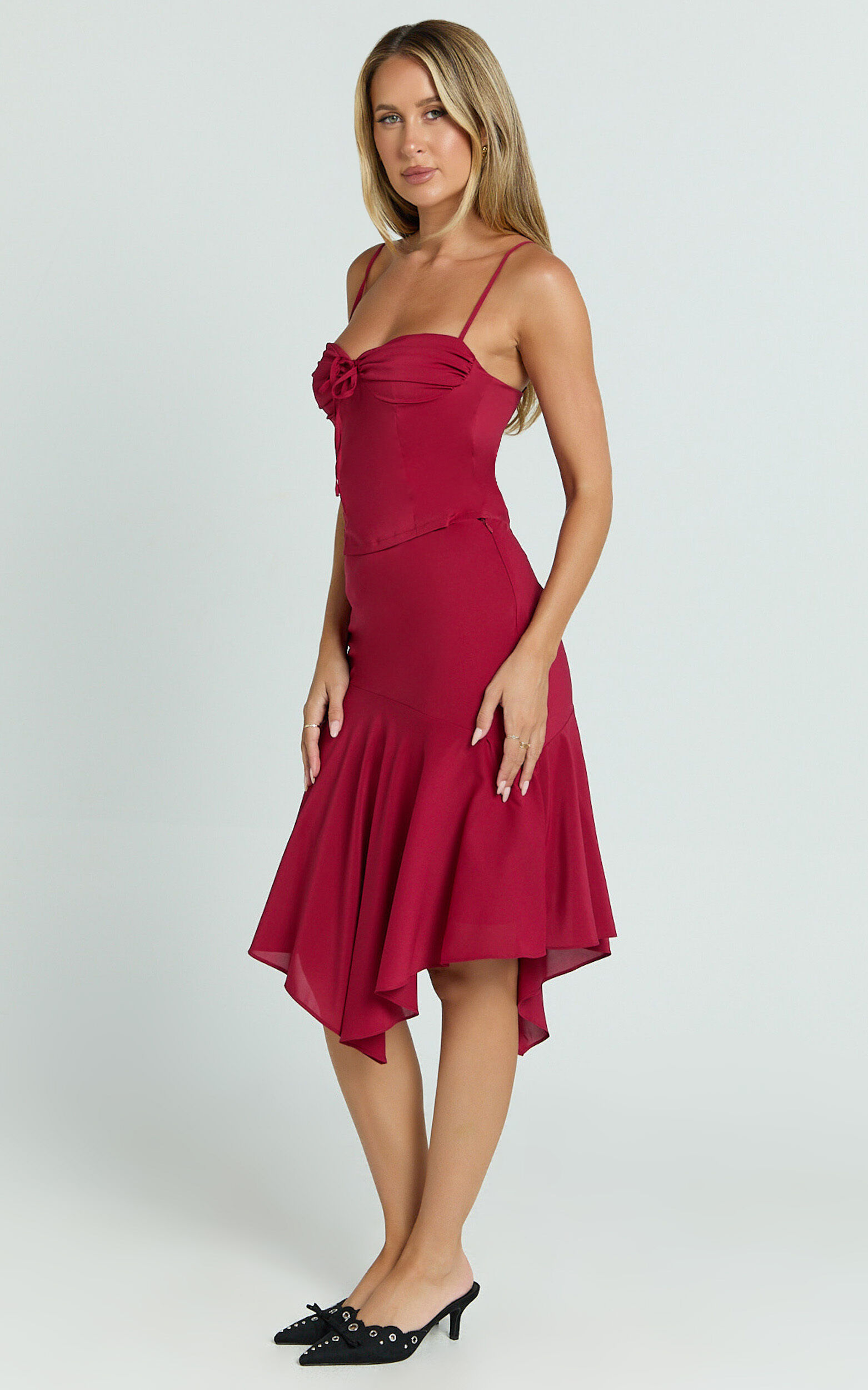 Clare Midi Skirt - Mid Waisted Asymmetric Bias Cut Slip Skirt in Cherry Red