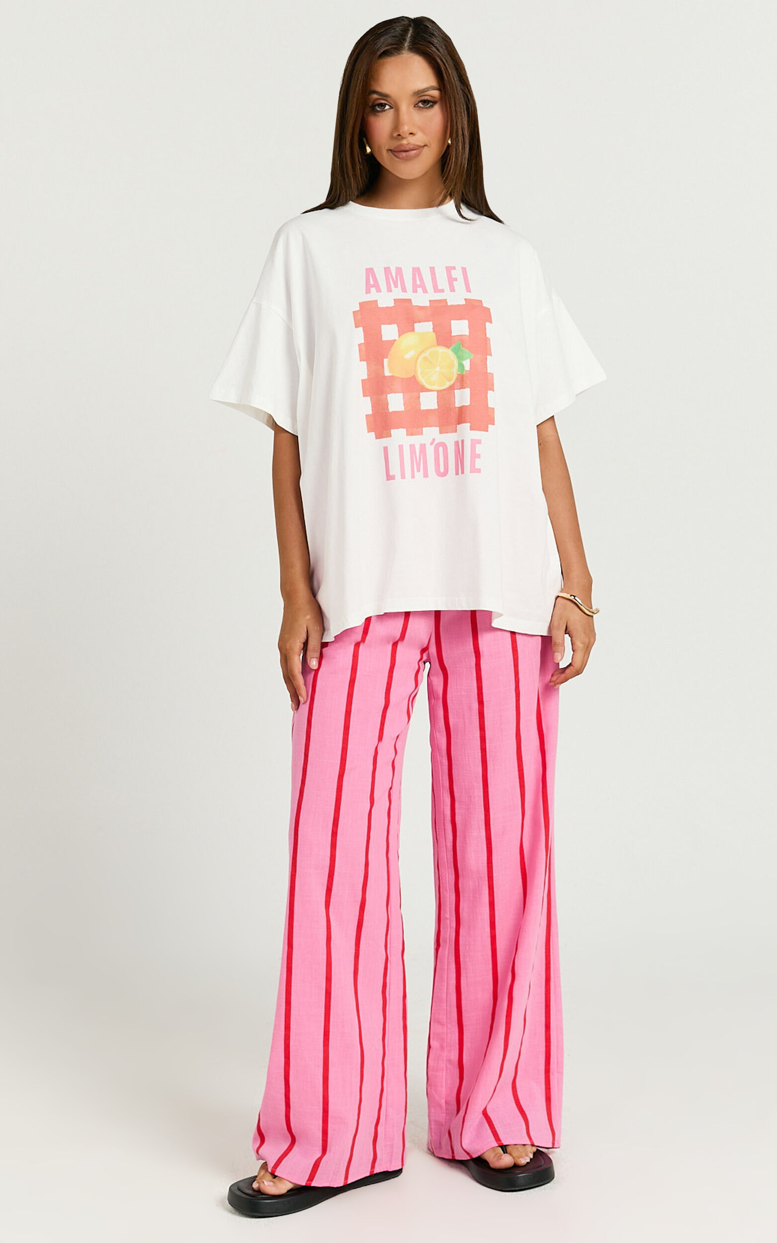 Gladiola Two Piece Set - Amalfi Limone Oversized Tee and Stripe Pant Set in Pink/Red