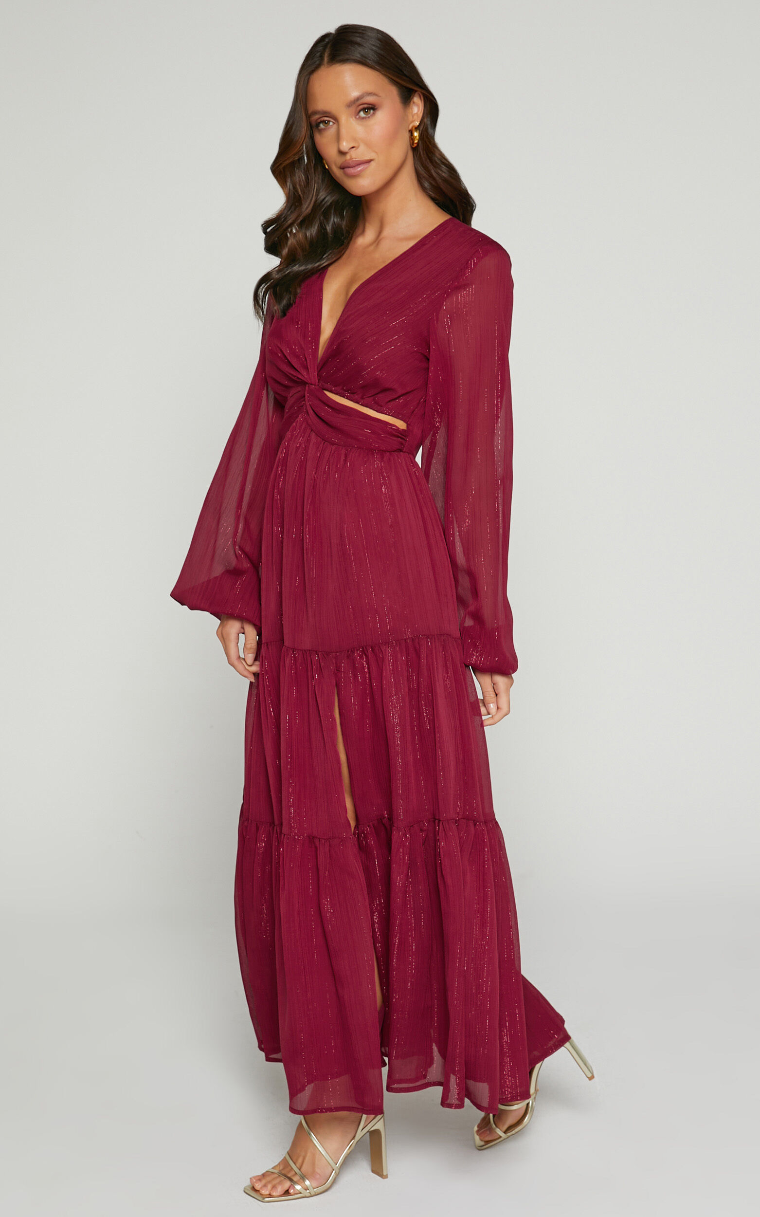 Edelyn Midi Dress - Cut Out Balloon Sleeve Tiered Dress in Burgundy