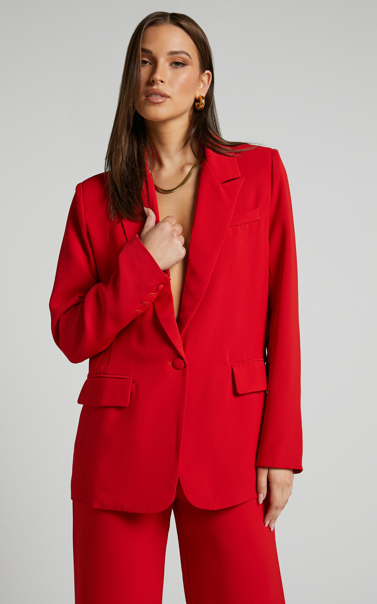 Michelle Blazer - Oversized Plunge Neck Button Up Blazer in Red