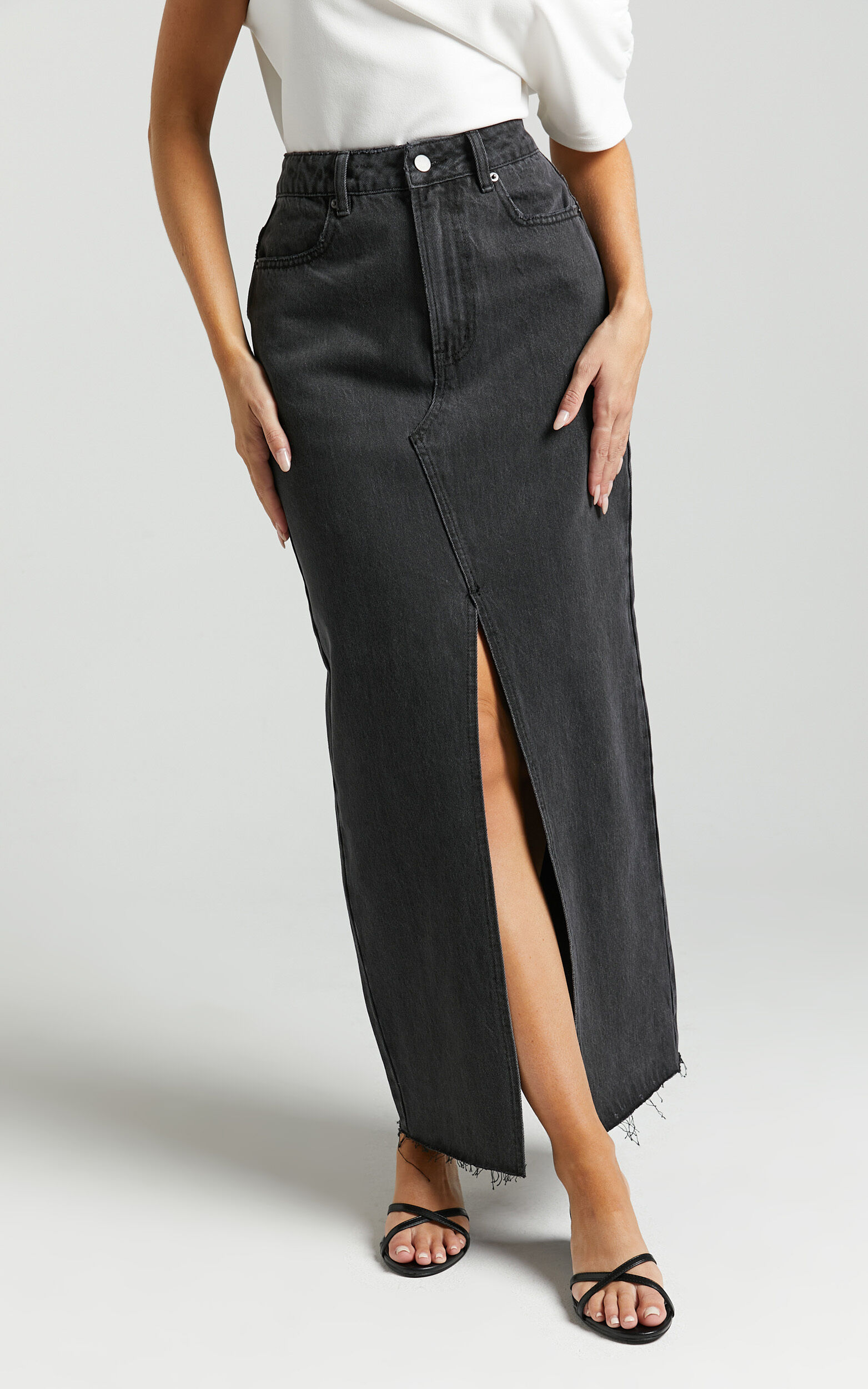 Kira Midi Skirt - Front Split Denim Skirt in Washed Black