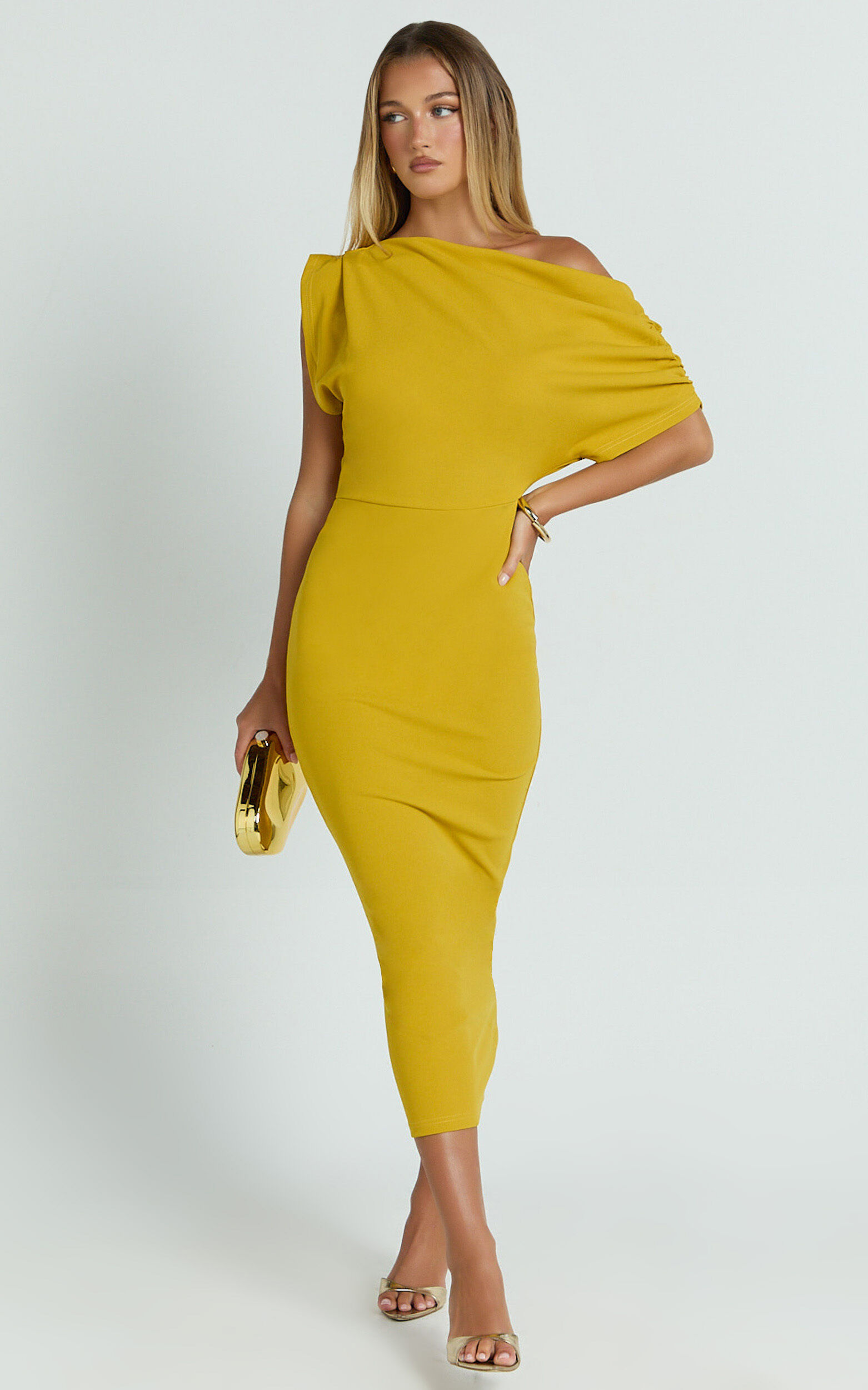 Nalfie Midi Dress - Tipped Shoulder Jersey Drape Dress in Mustard