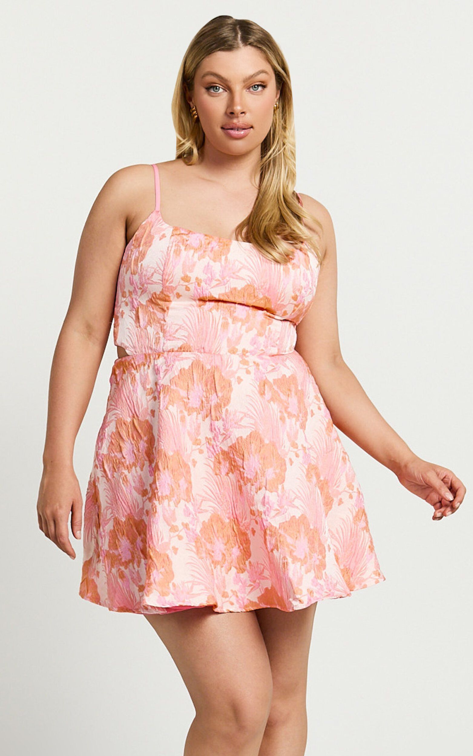 Lauraine Mini Dress - Strappy Straight Neck Back Cut Out Dress in Pink and Orange Floral