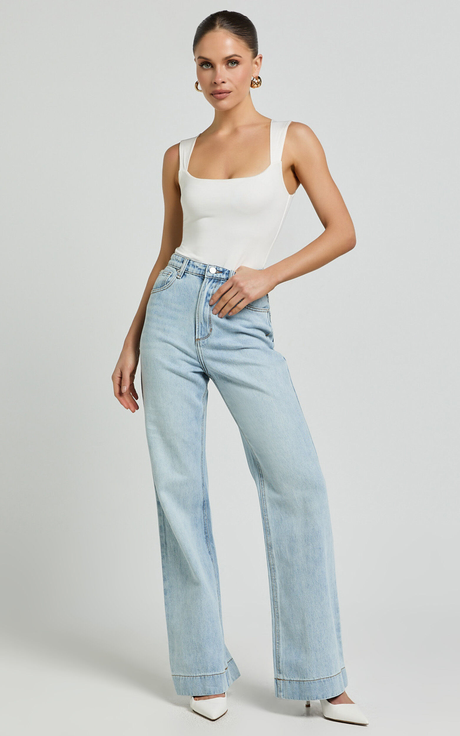Emman Jeans - High Waisted Cotton Wide Leg Denim Jeans in Sunday Blue