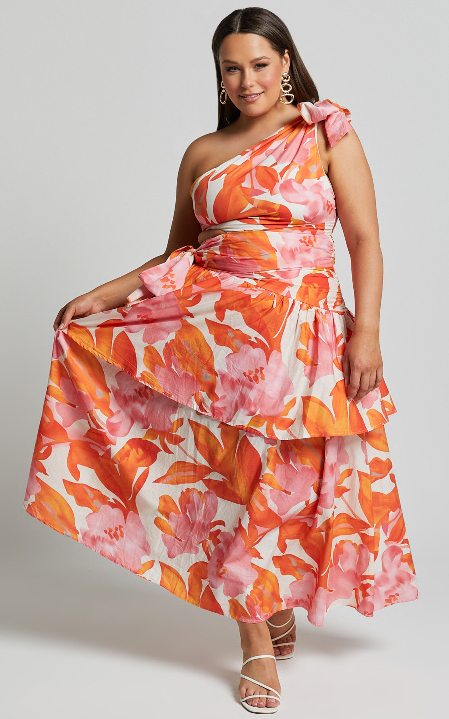 Honolulu Midi Dress - One Shoulder Tiered Dress in Orange Floral