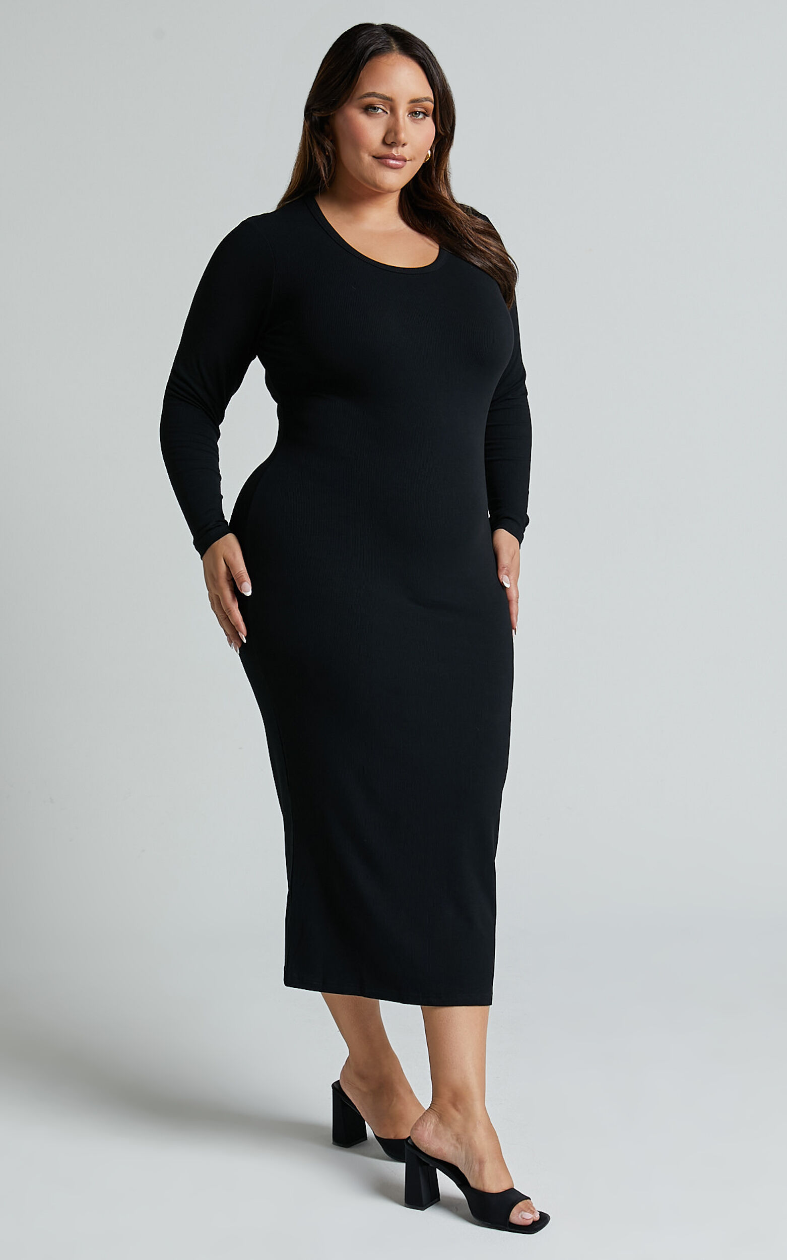 Hawkins Midi Dress - Long Sleeve Bodycon Dress in Black