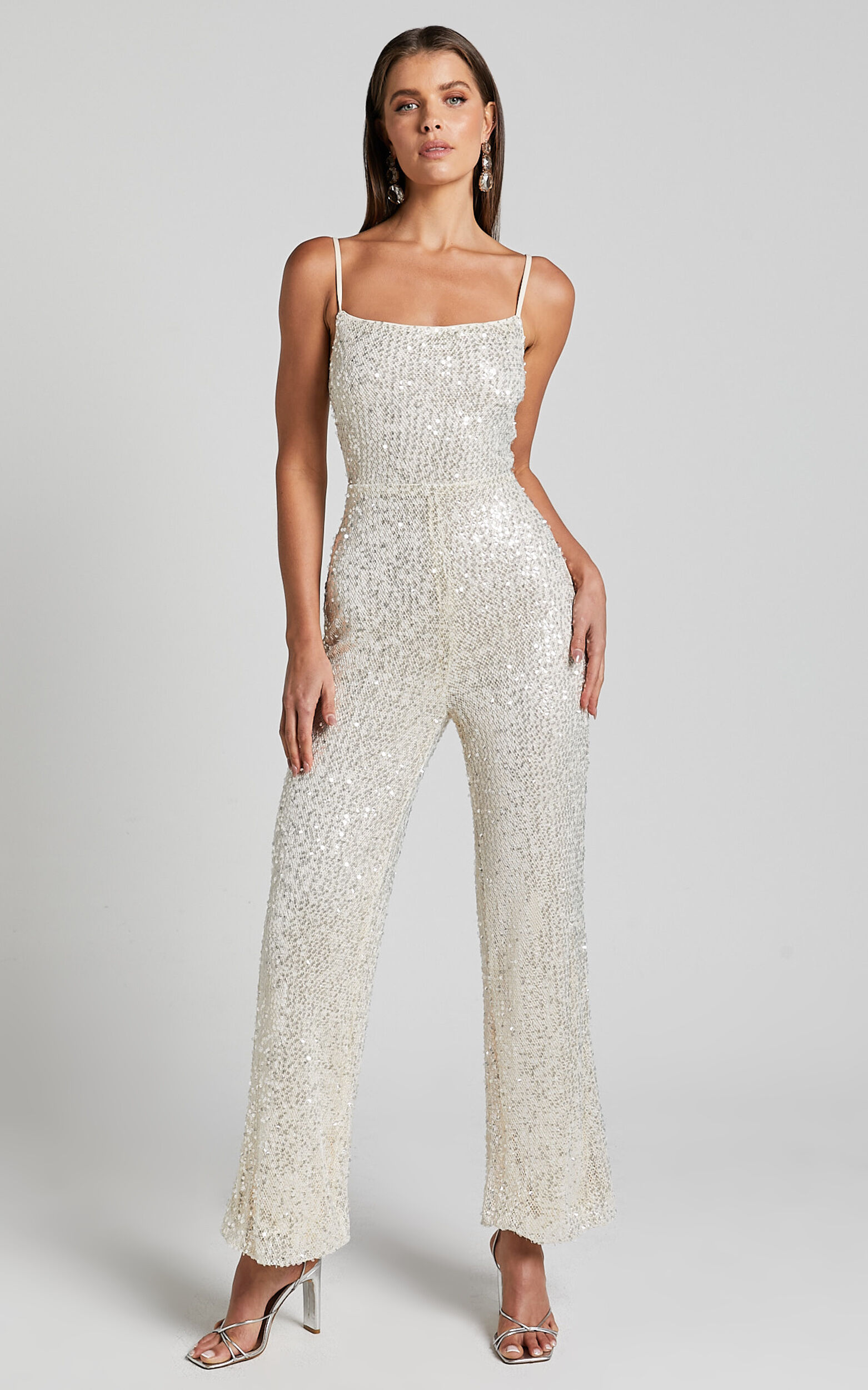 Carlie Jumpsuit - Straight Neck Strappy Sequin in Champagne