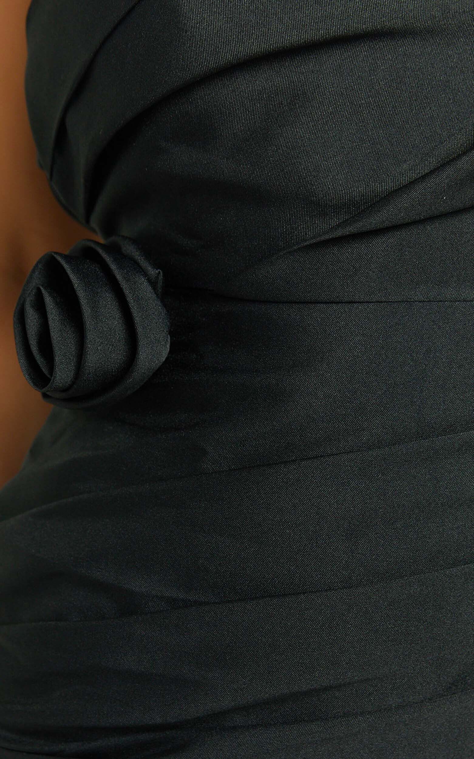 Sheeran Mini Dress - One Shoulder Rose Gathered Dress in Black