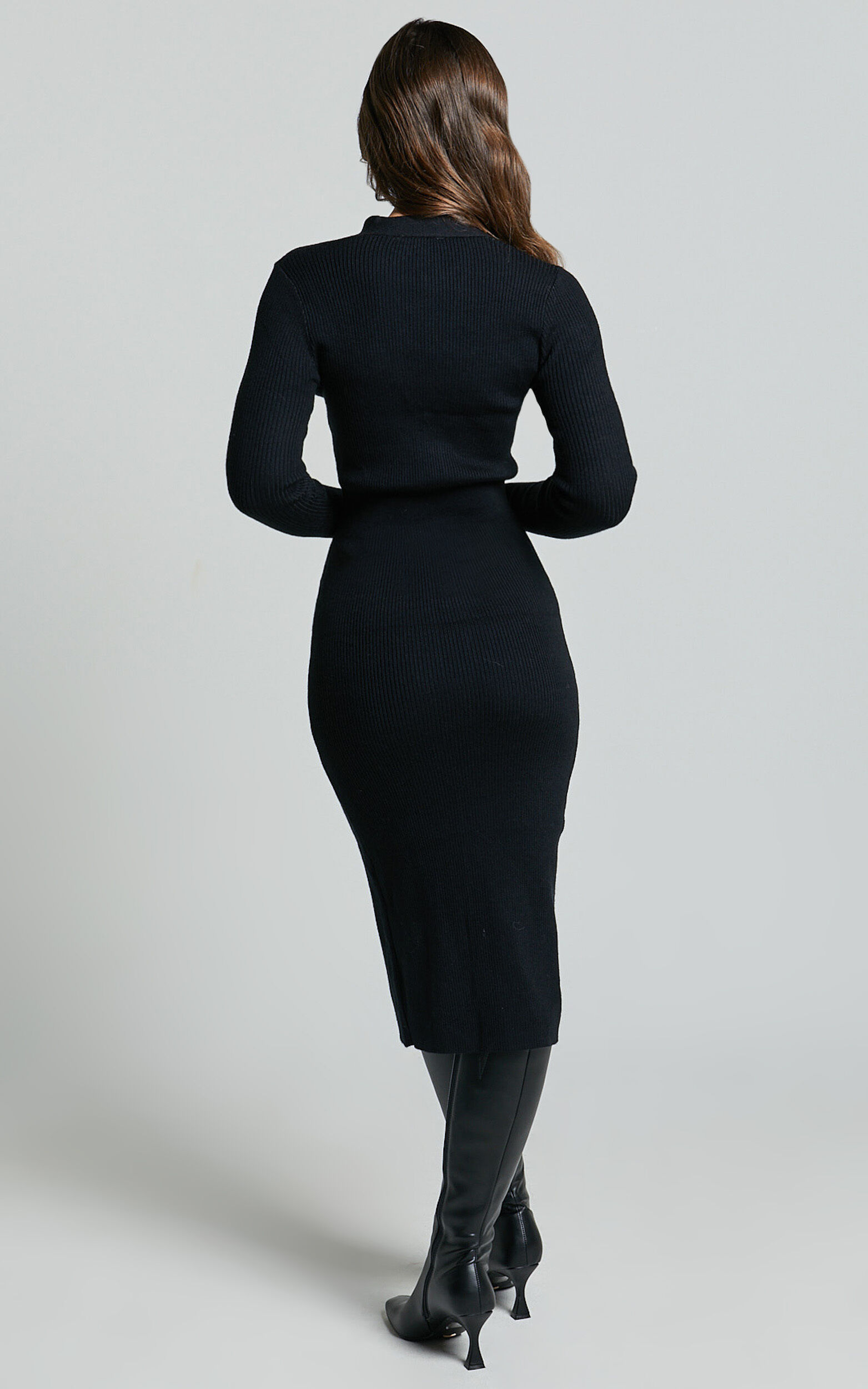 Leahanna Midi Dress - Button Front Knit Dress in Black