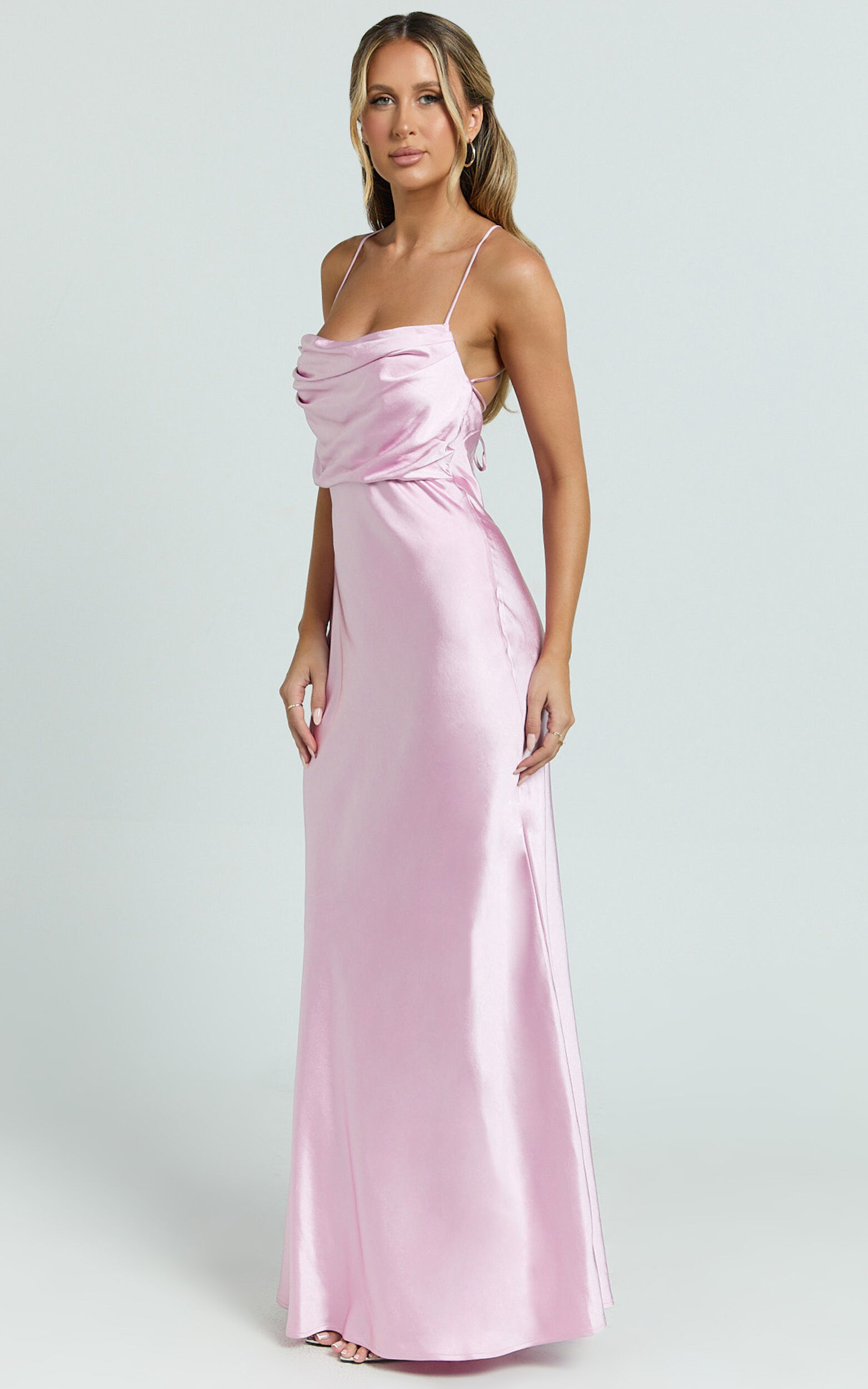 Hanna Maxi Dress - Satin Cowl Neck Low Back Dress in Pink