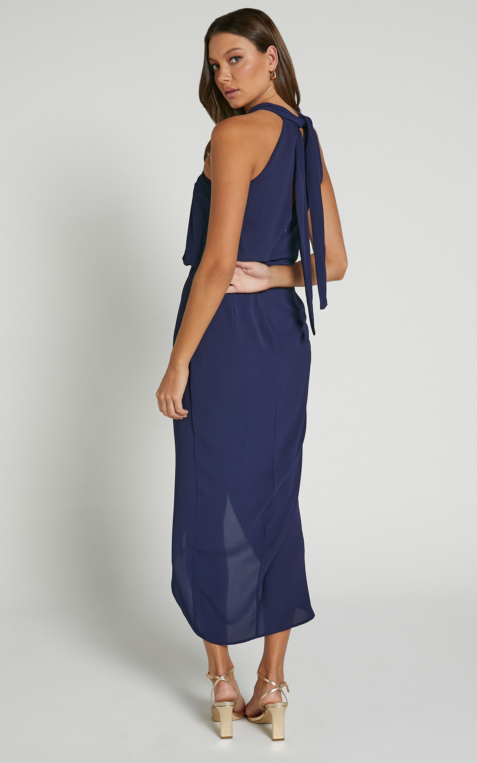 Sofiah Midi Dress - Twist Halterneck Split Dress in Navy