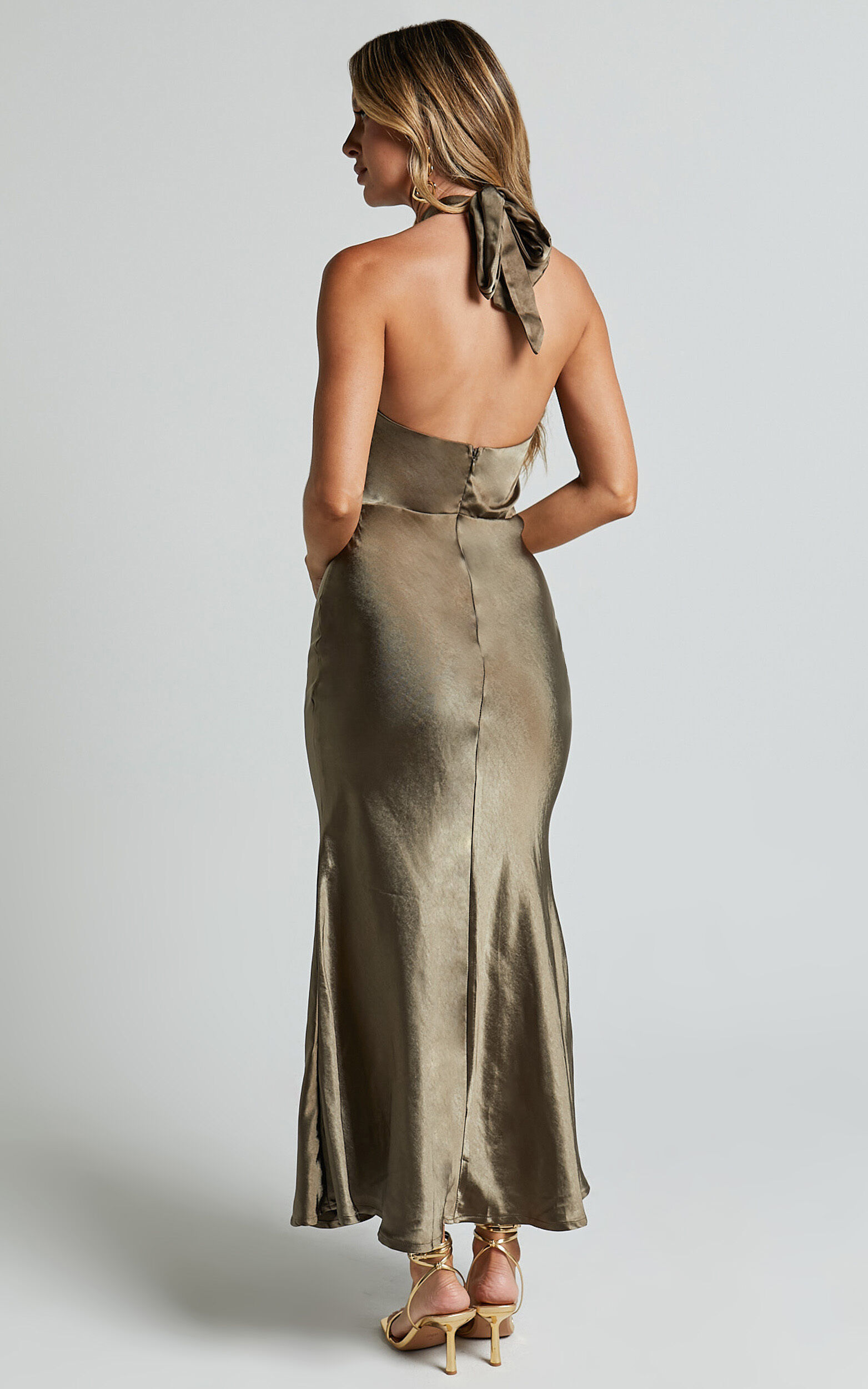 Rhianne Midi Dress - Twist Halter Neck Open Back Satin Dress in Olive
