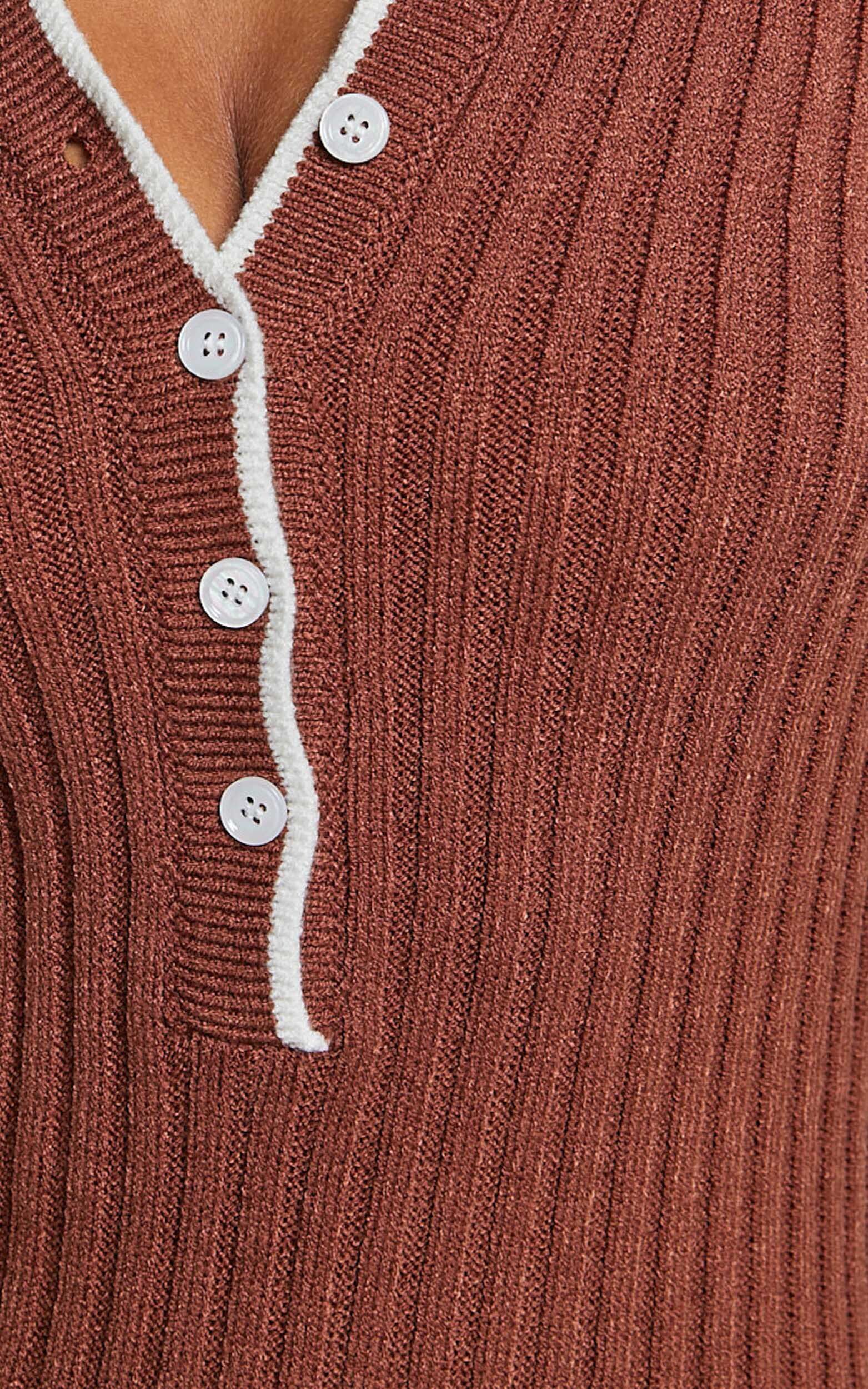 Becky Midi Dress - Button Front Contrast Knit Midi Dress in Chocolate