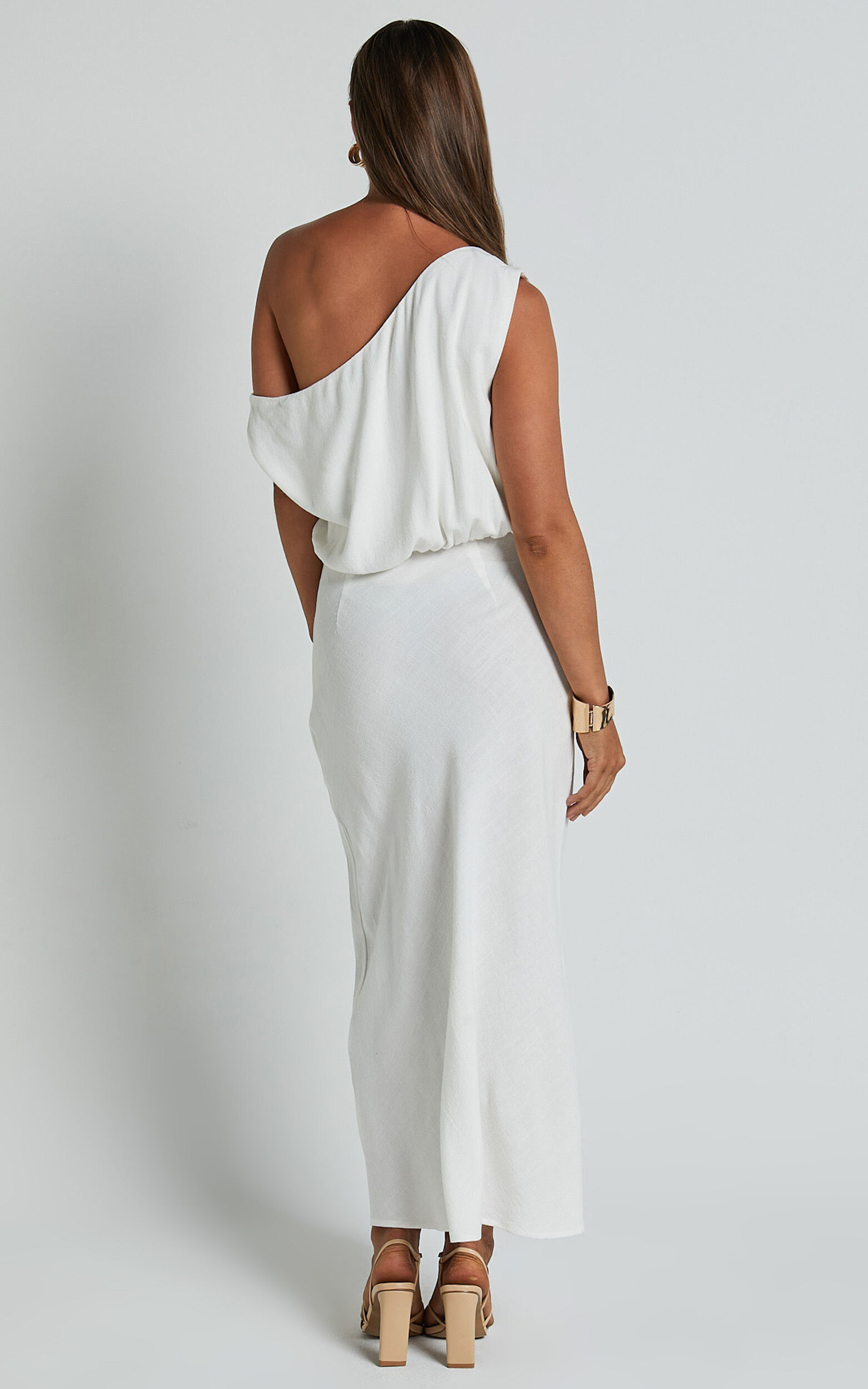 Jacqueline Midi Dress - Linen One Shoulder Dress in White