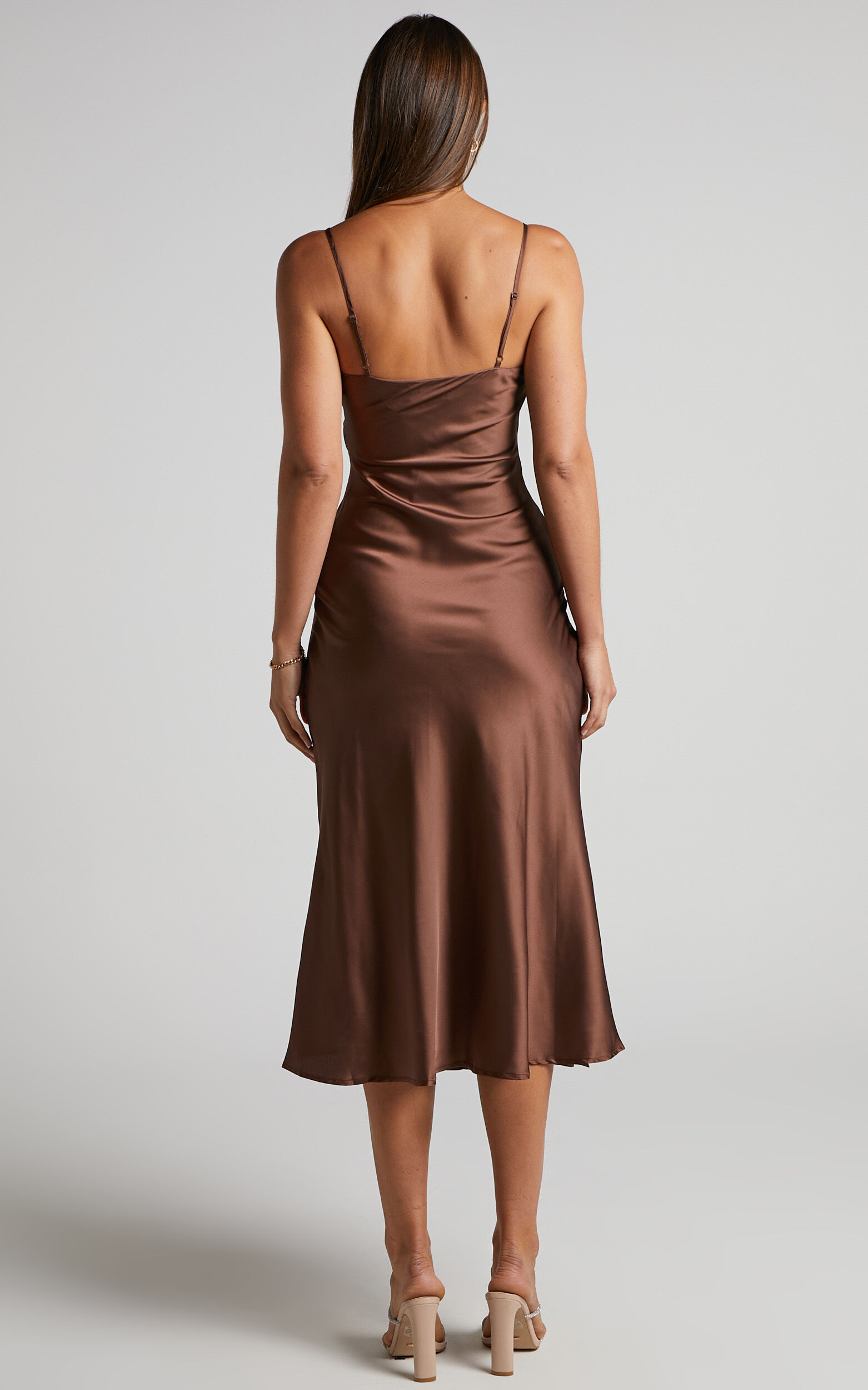 Flordeliza Midi Dress - Cowl Neck Thigh Slit Slip Dress in Chocolate