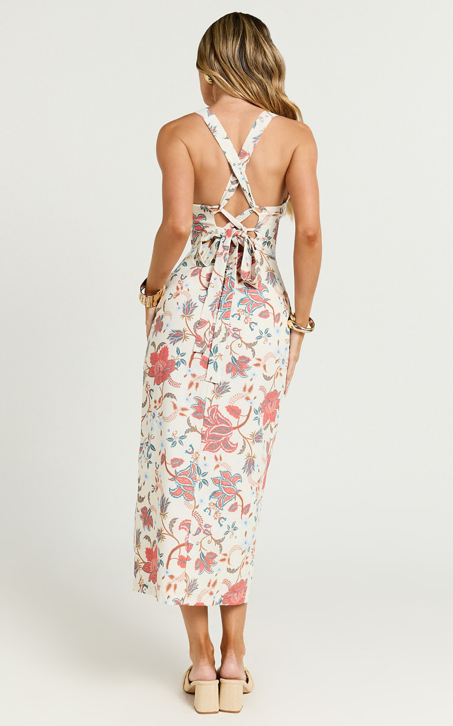 Drew Midi Dress - Linen Cross Back Bustier Dress in Summer Chintz