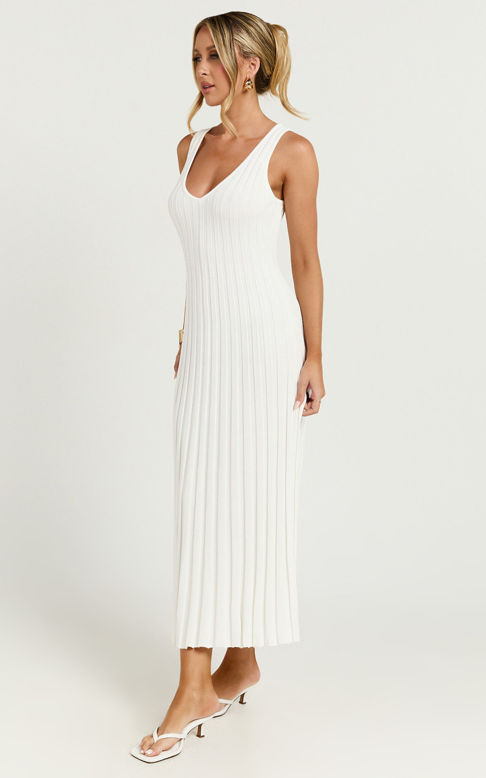 Maya Midi Knit Dress - Sleeveless V Neck Knited Dress in White