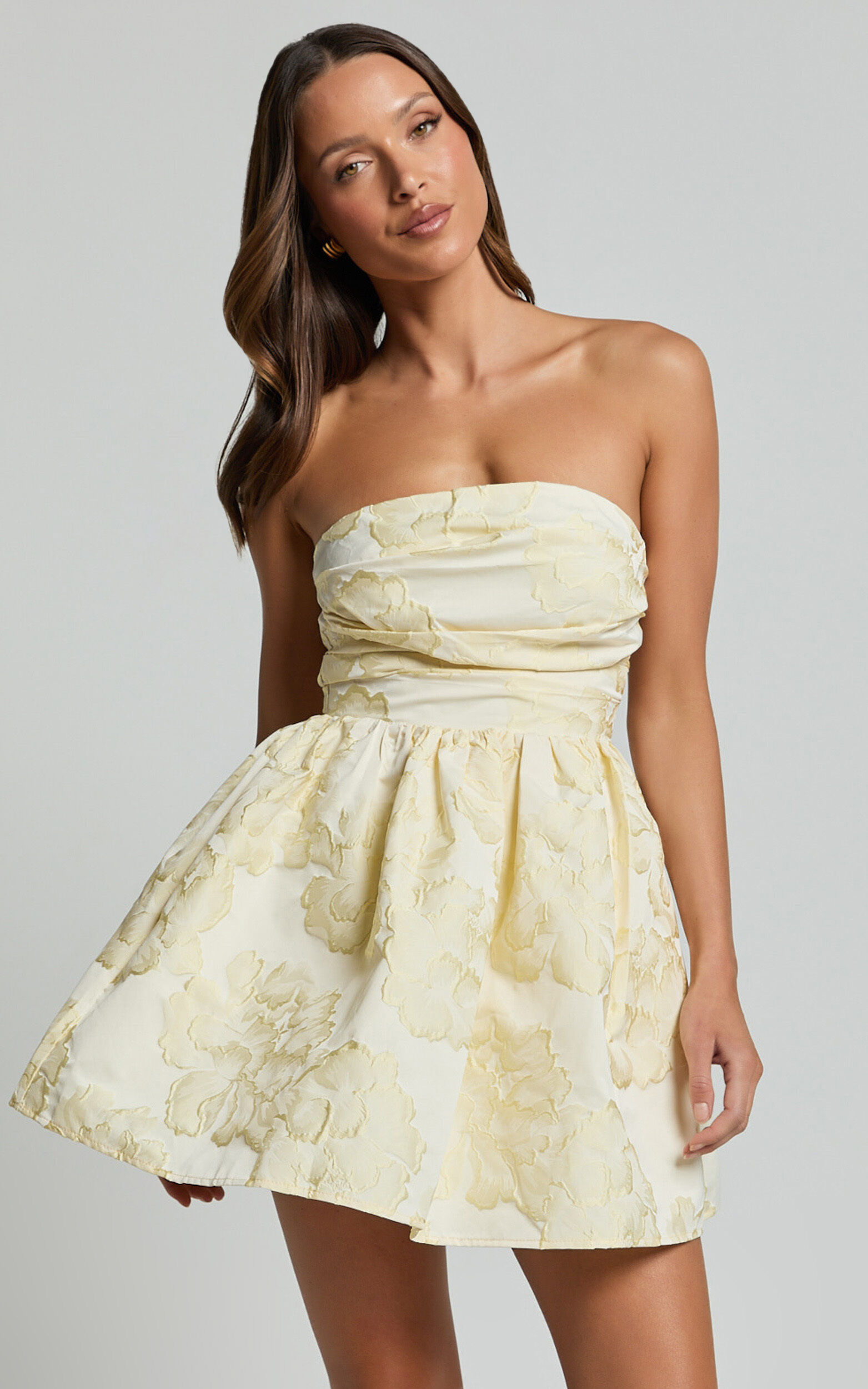 Laure Mini Dress - Strapless Jacquard Dress in Lemon