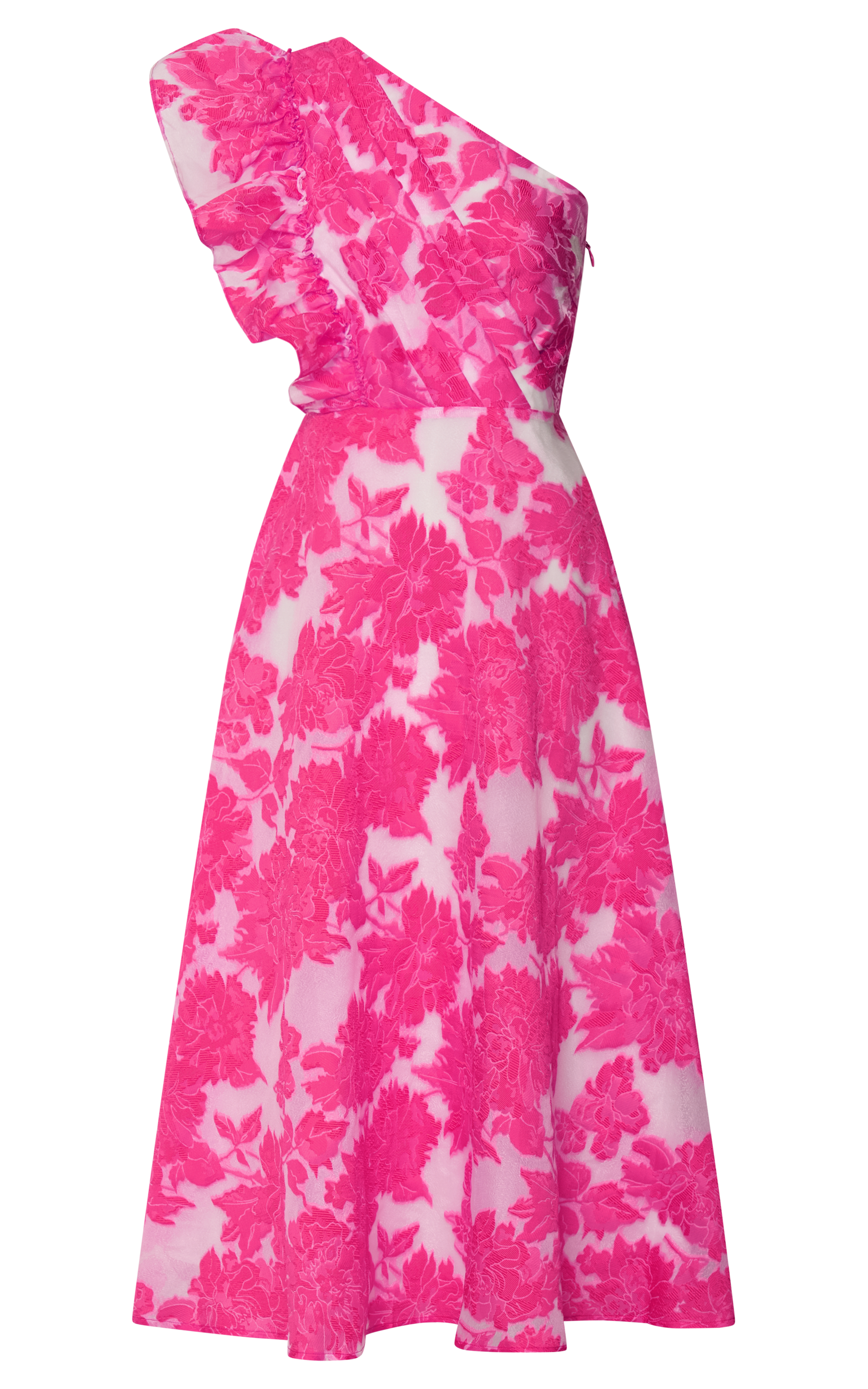 Alfreda Midi Dress - One Shoulder Ruffle Detail Brailey Jacquard Dress in Pink