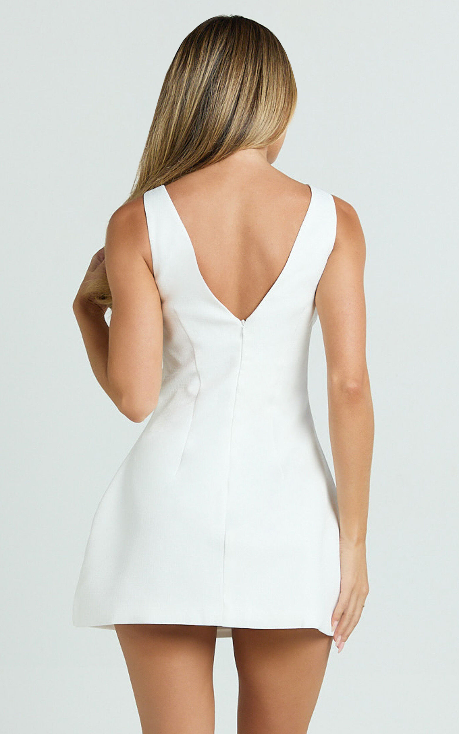 Raquelle Mini Dress - Boucle Boat Neck V Back Fit and Flare Dress in White