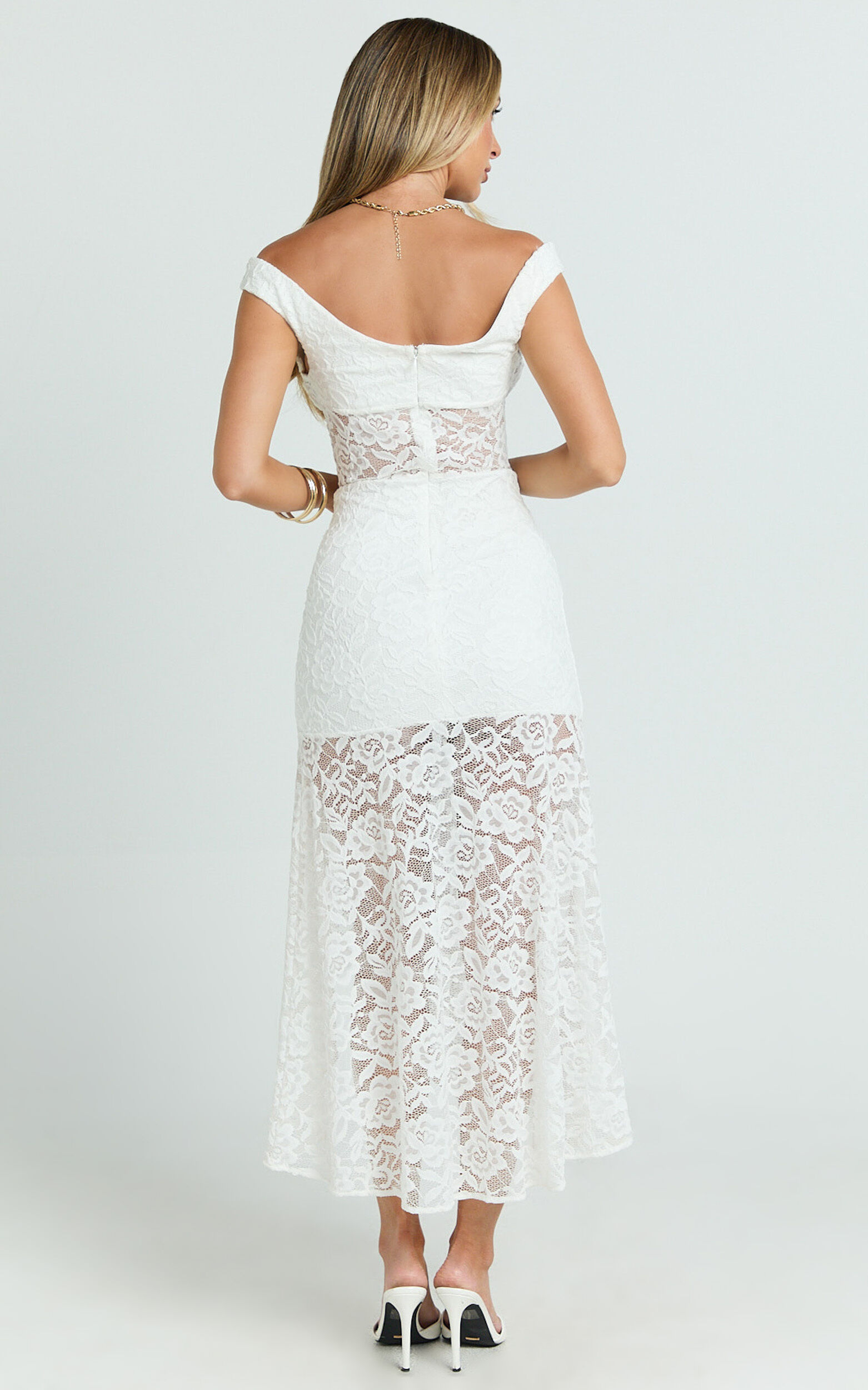 Tatum Midi Dress - Lace Off Shoulder Side Split Dress in Off White