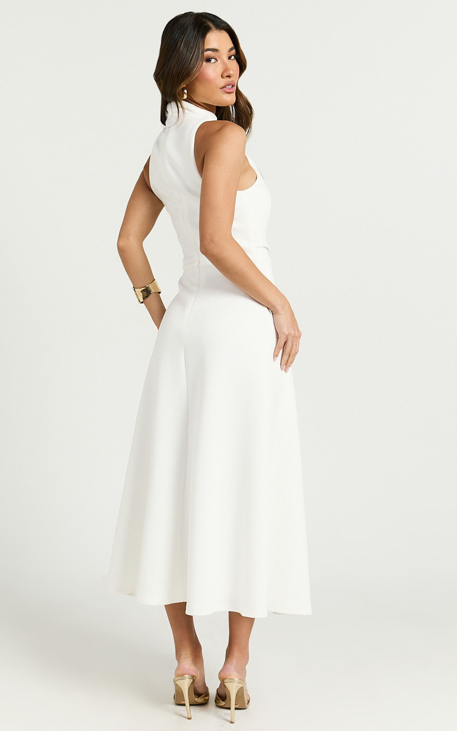Macy Midi Dress - High Neck A Line Dress in Off White