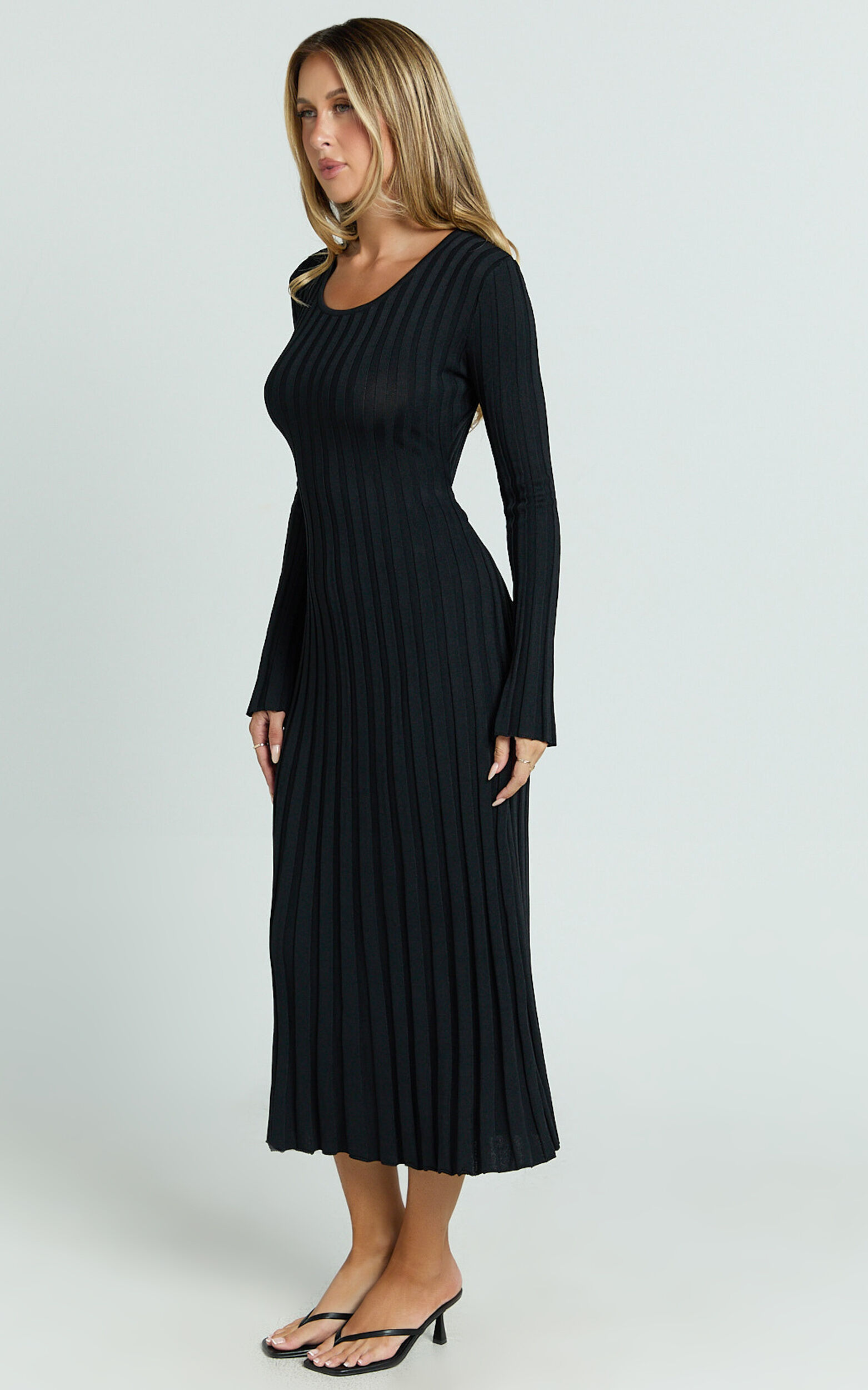 Blaire Midi Dress - Long Sleeve Tie Back Flare Dress in Black