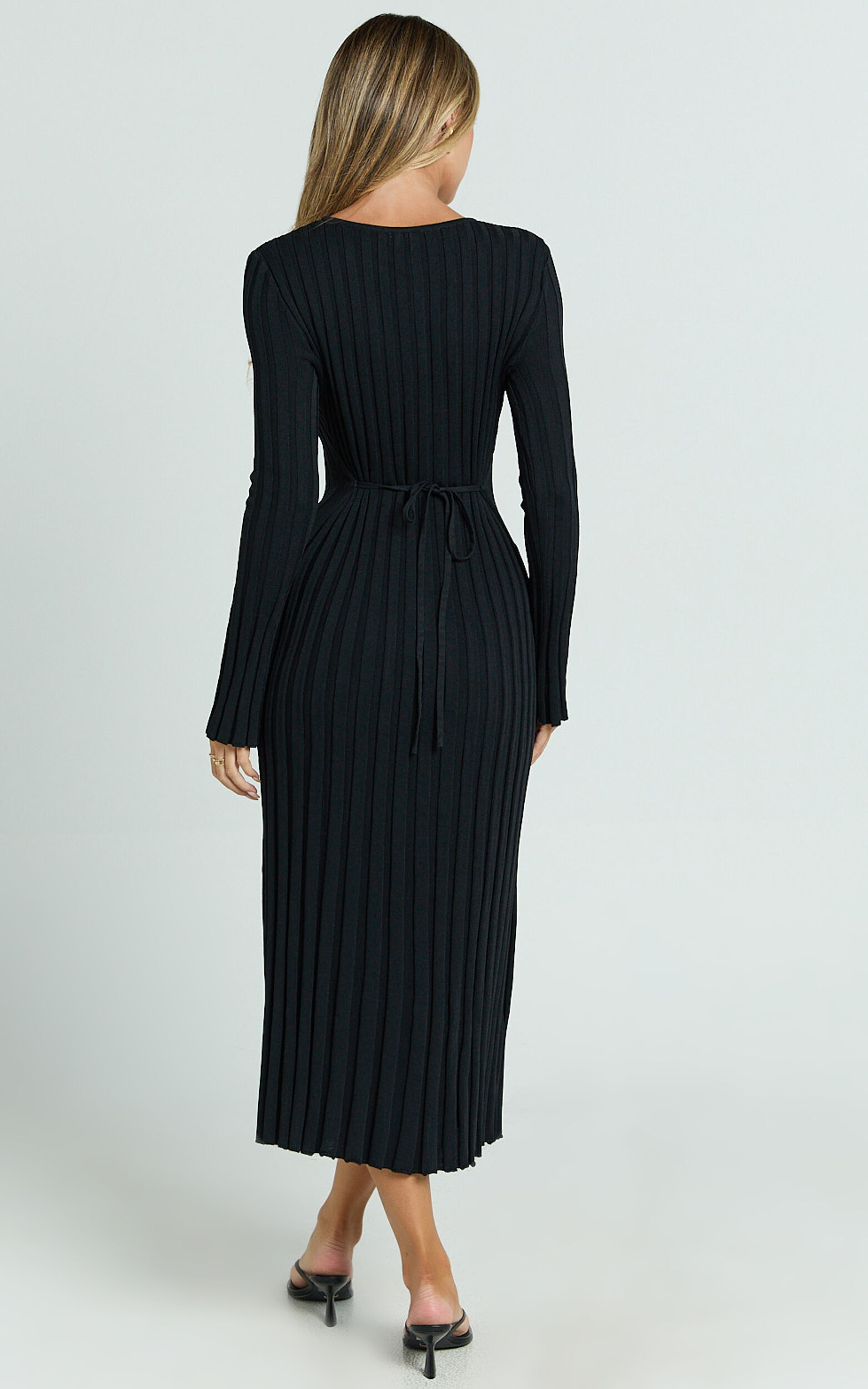 Blaire Midi Dress - Long Sleeve Tie Back Flare Dress in Black
