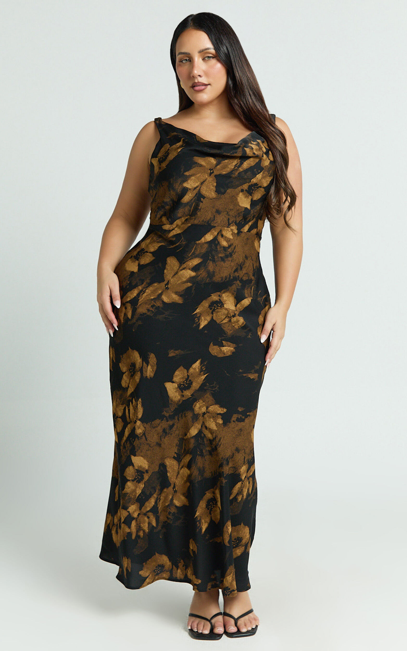 Dara Midi Dress - Low Neck Sleeveless Slip Dress in Amber Floral Print