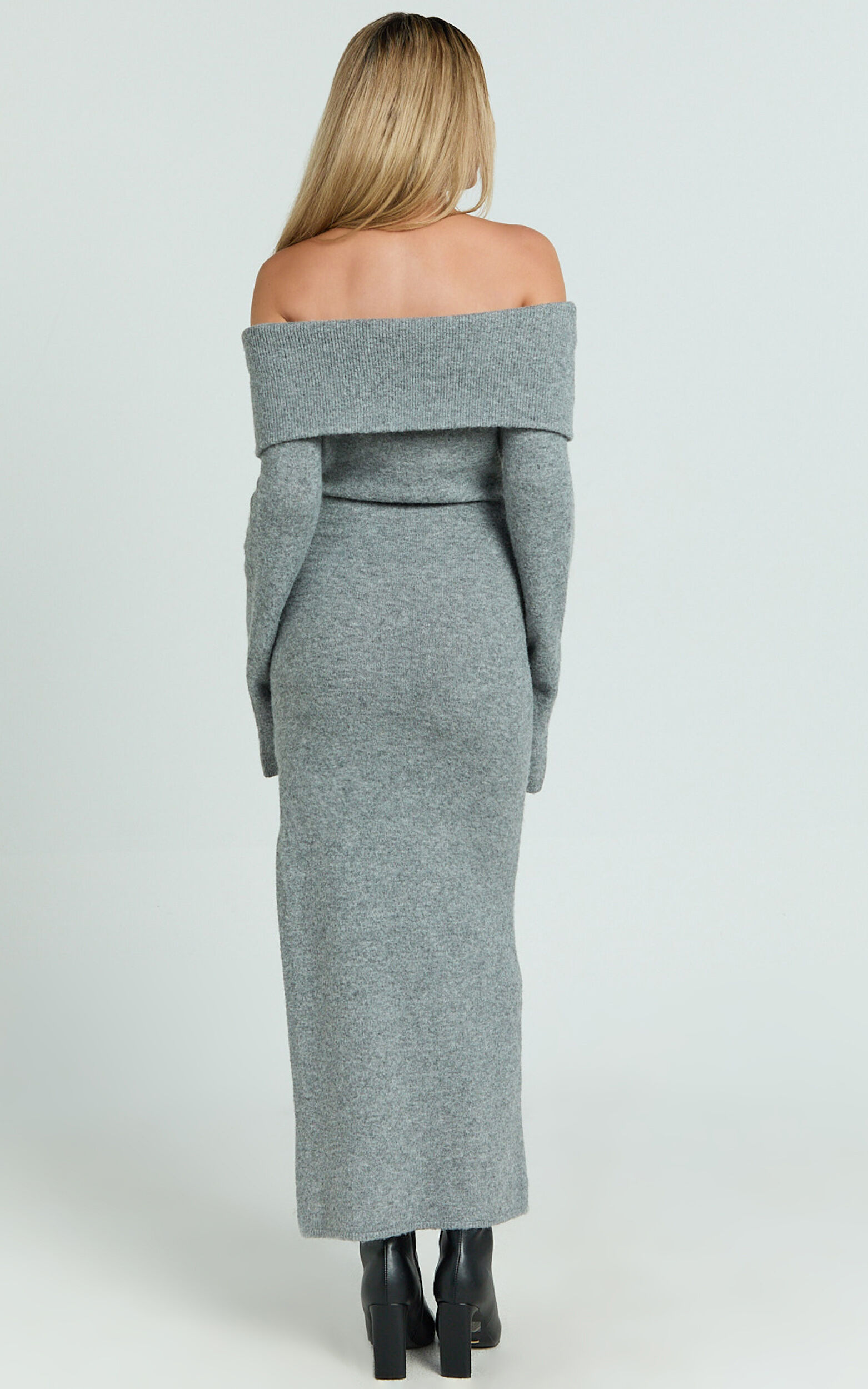 Darcie Midi Dress - Off Shoulder Knitted Long Sleeve Dress in Grey Marle