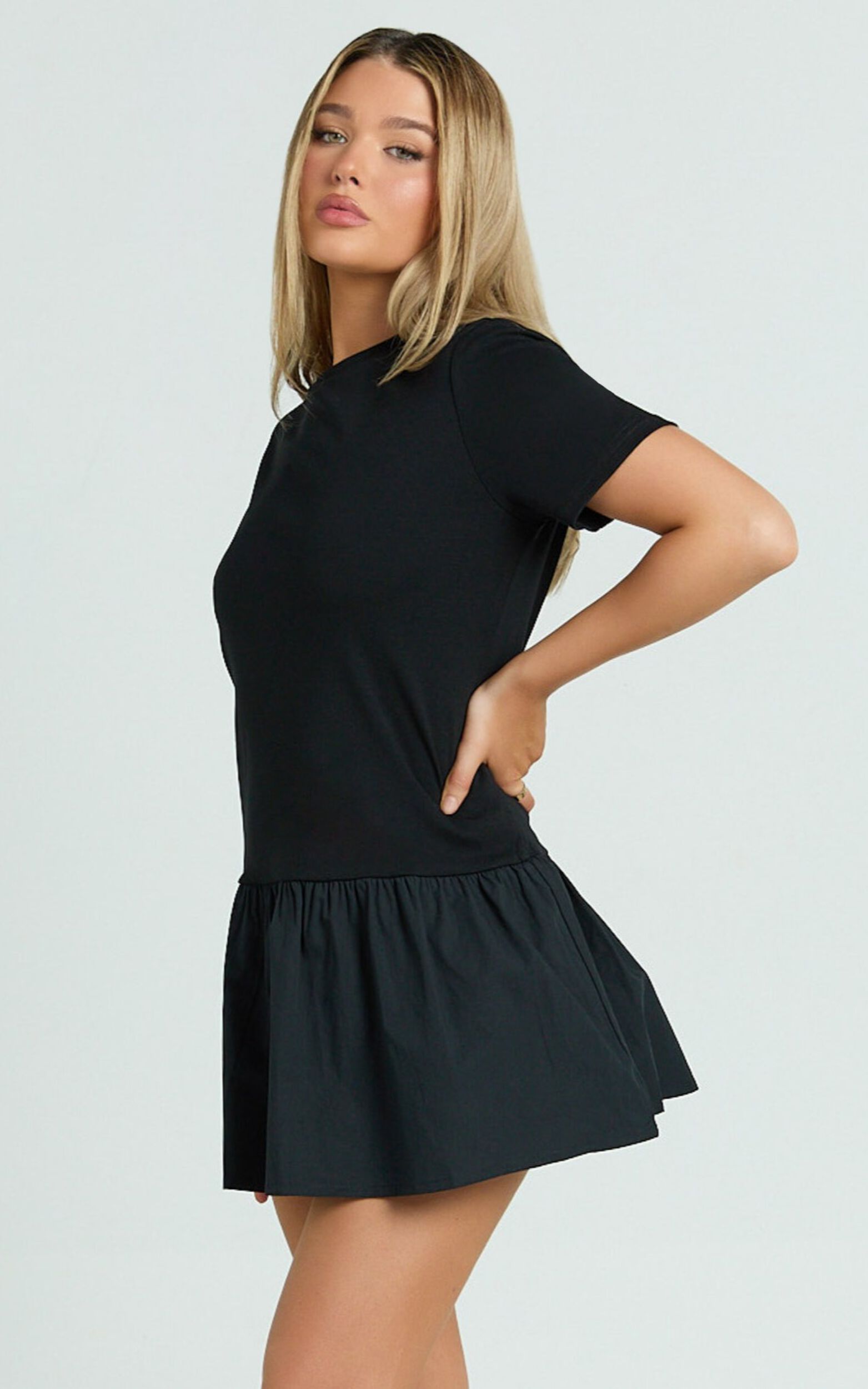 Kym Mini Dress - Tee Shirt Top Drop Waist Gathered Full Skirt Dress in Black