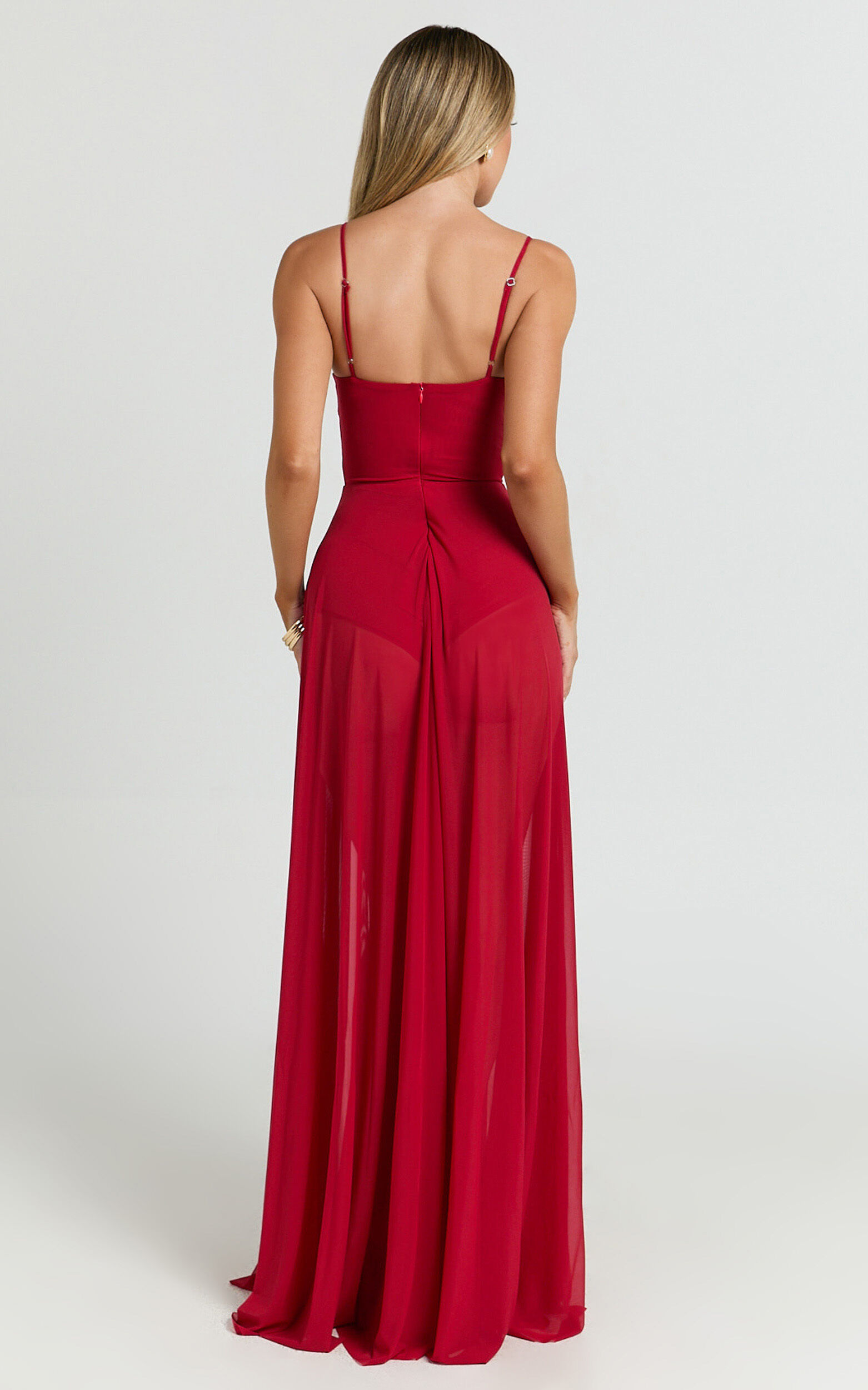 Kreanna Maxi Dress - Adjustable Strap Ruched Bodice Fit And Flare Dress in Red