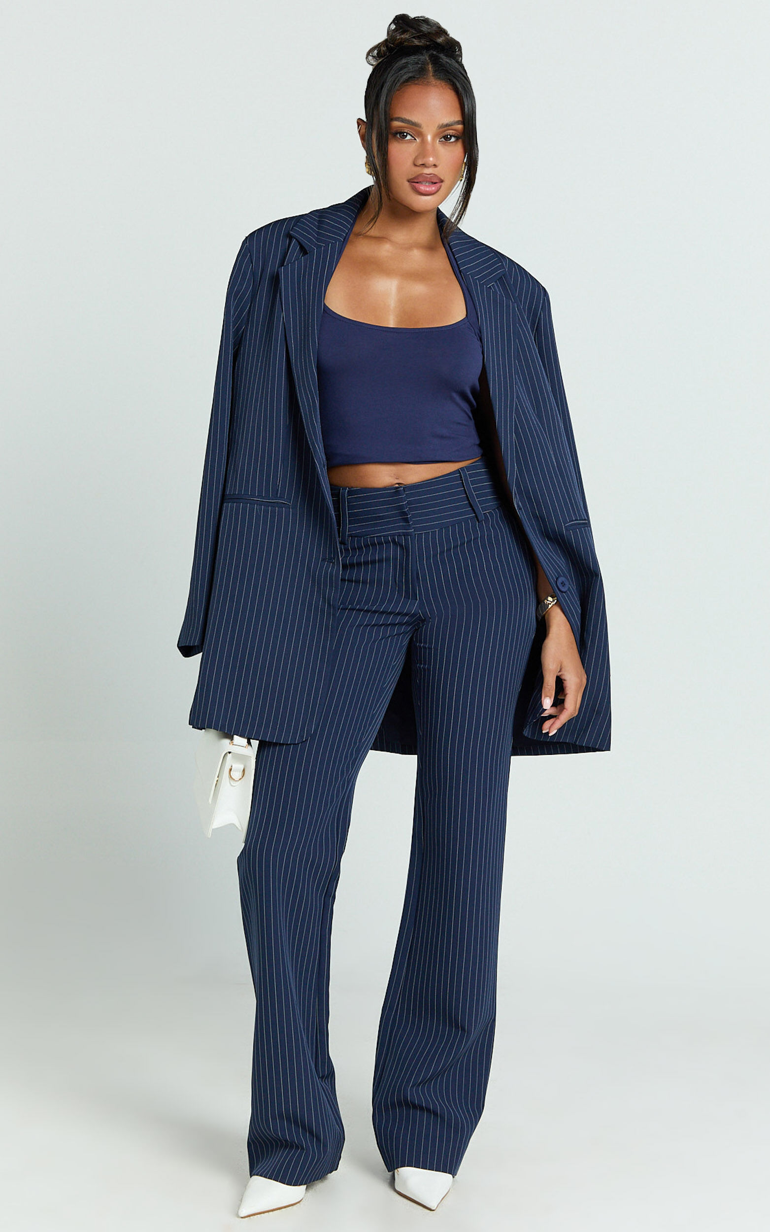 Elliot Pants - Mid Rise Pinstripe Bootleg Pants in Navy
