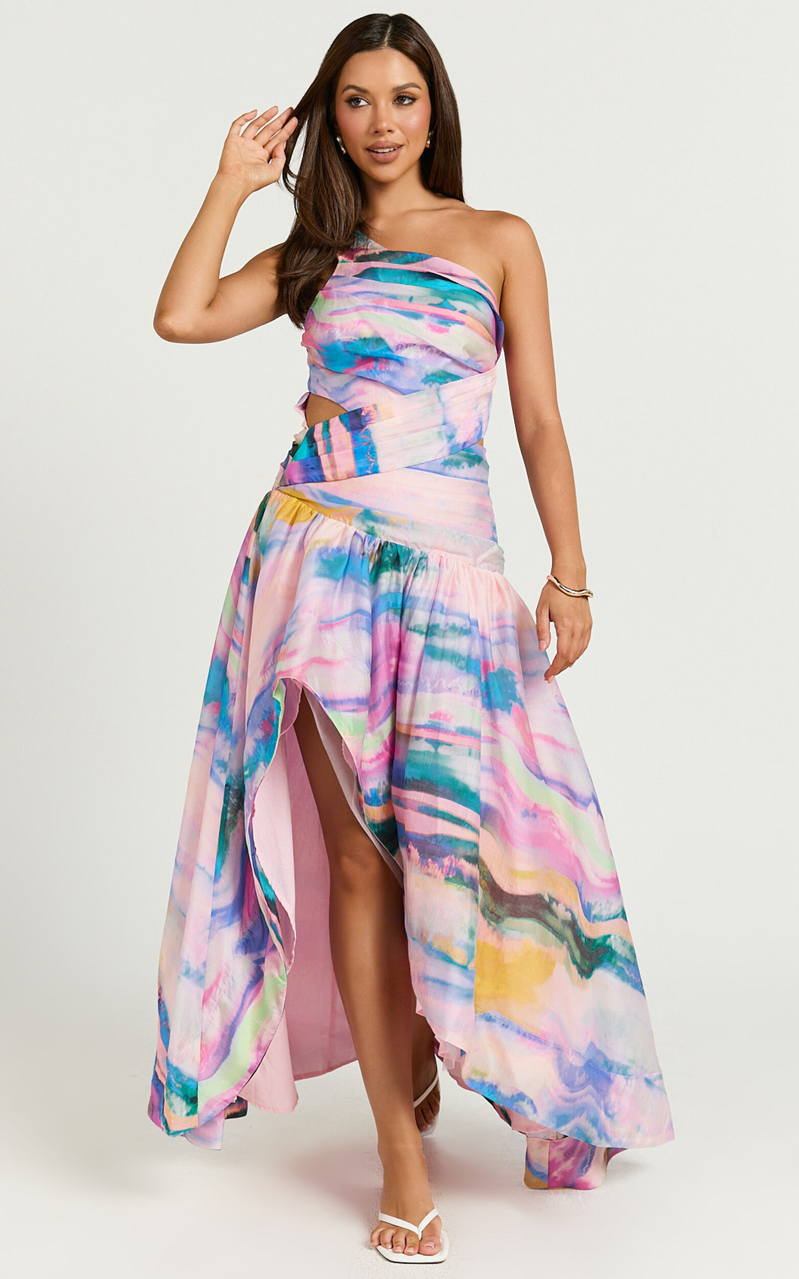 Amalie The Label - Keziah One Shoulder Asymmetric Midi Dress in Abstract Sunset Print