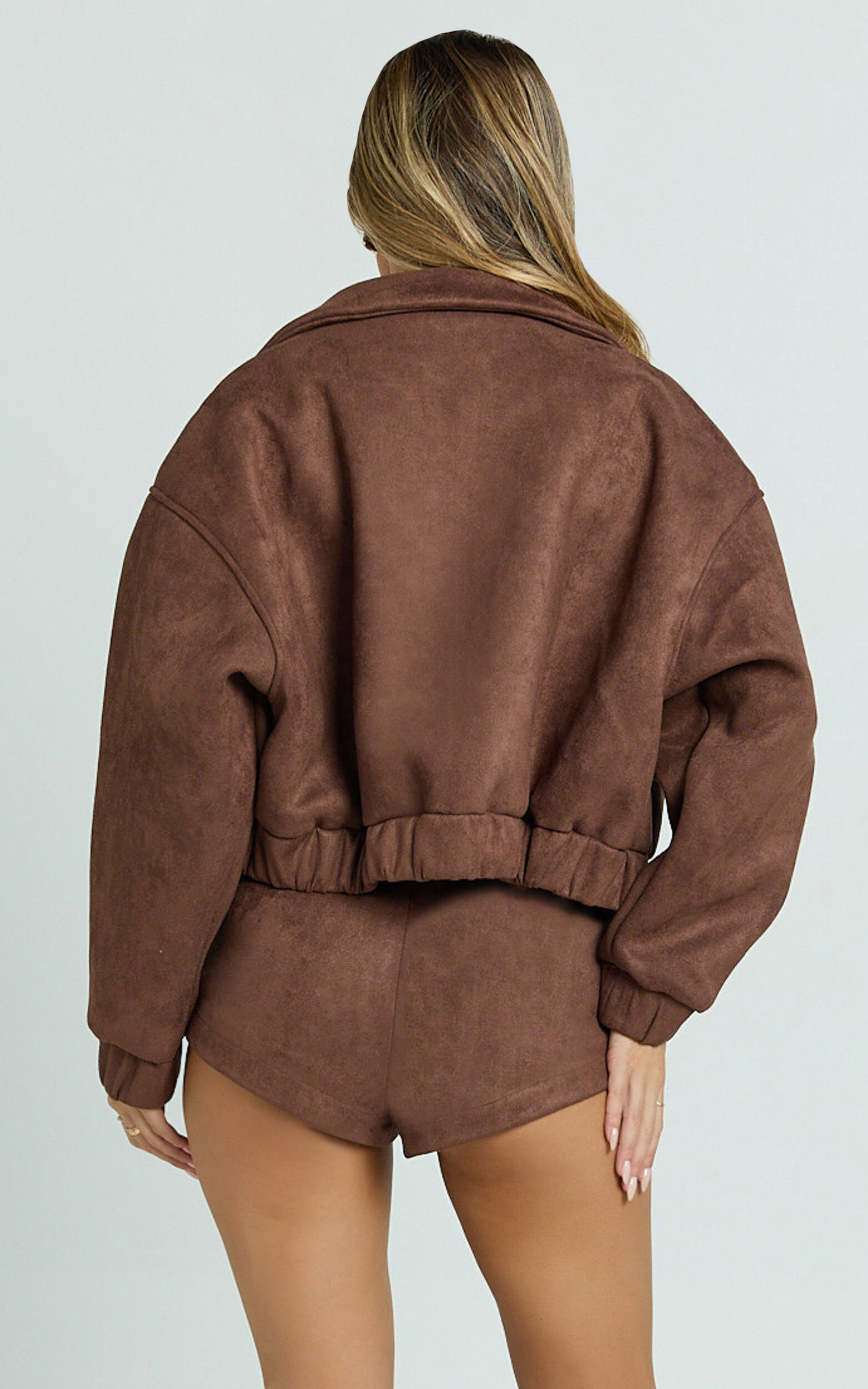 Nessa Jacket - Faux Suede Oversized Cropped Bomber Jacket in Dark Chestnut