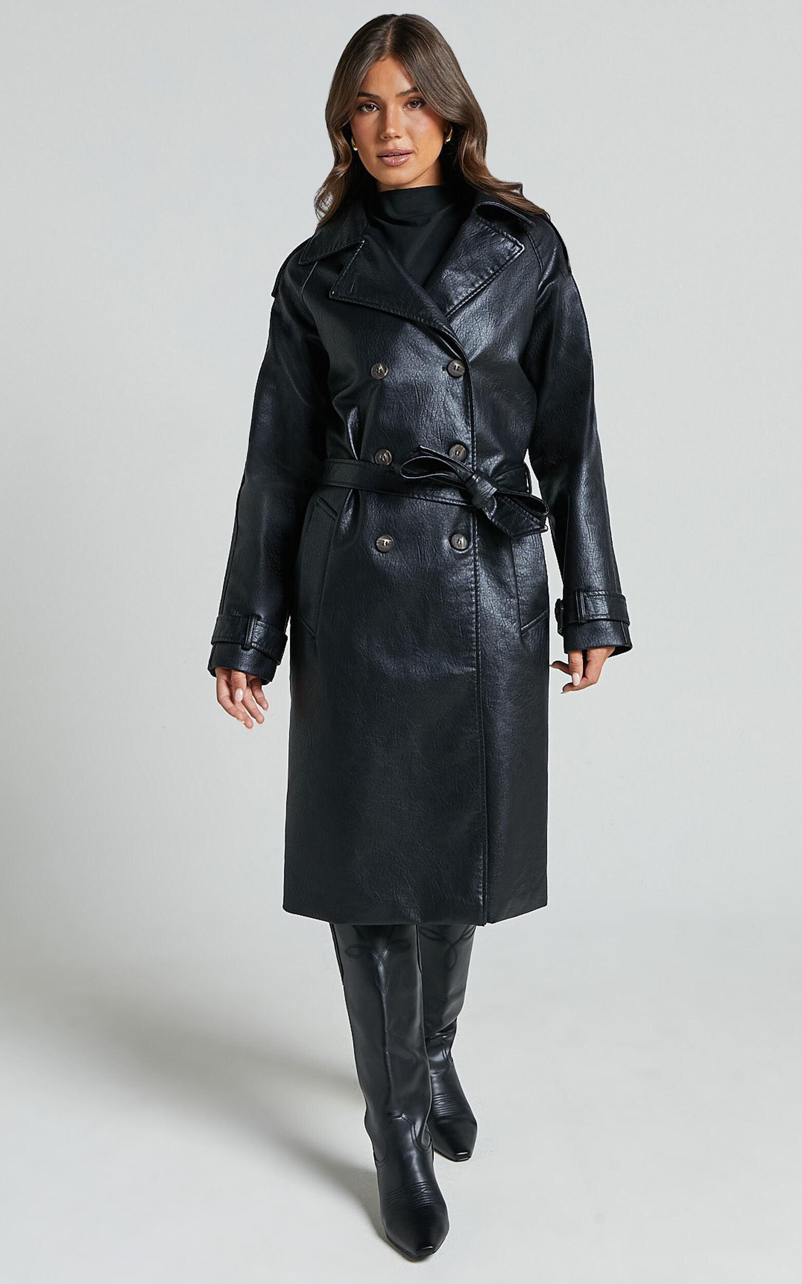 Vicki Trench Coat - Faux Leather Washed Trench Coat in Black