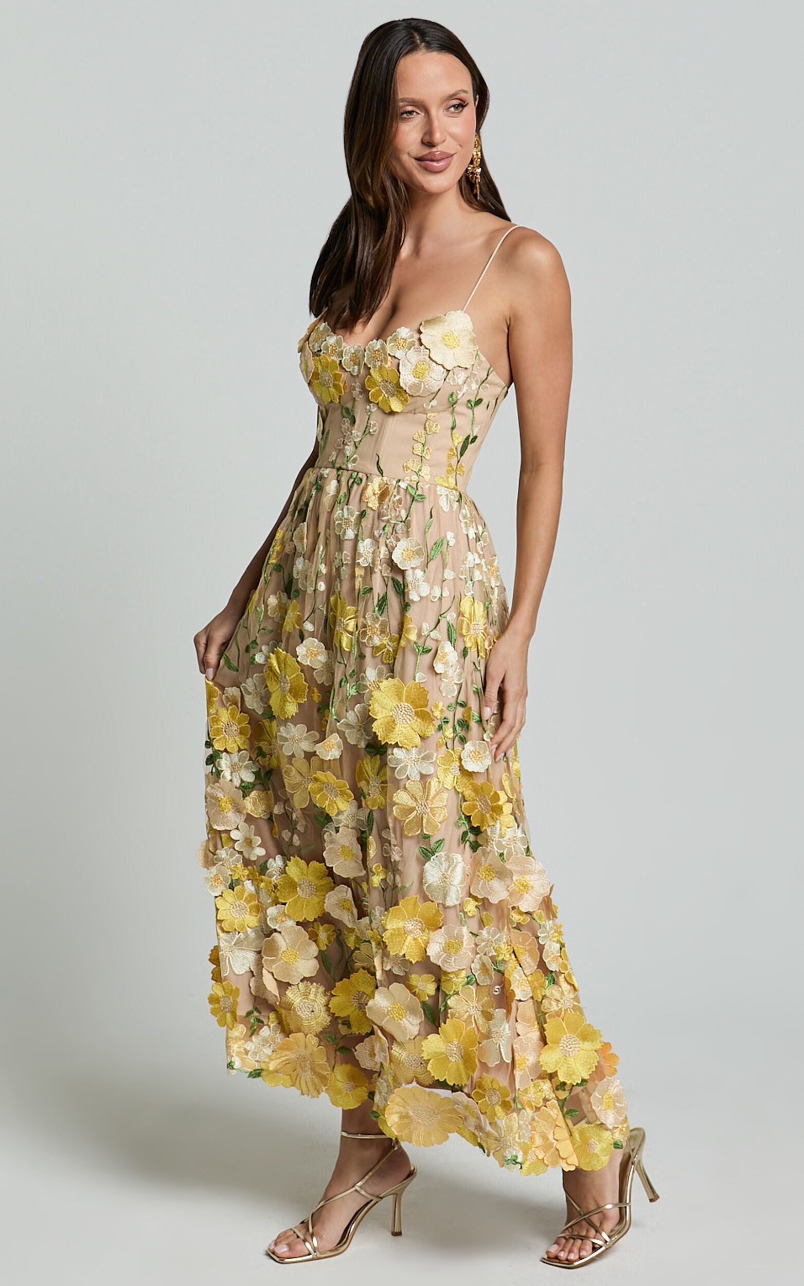 Amalie The Label - Mia Strappy Flower Detail Midi Dress in Yellow