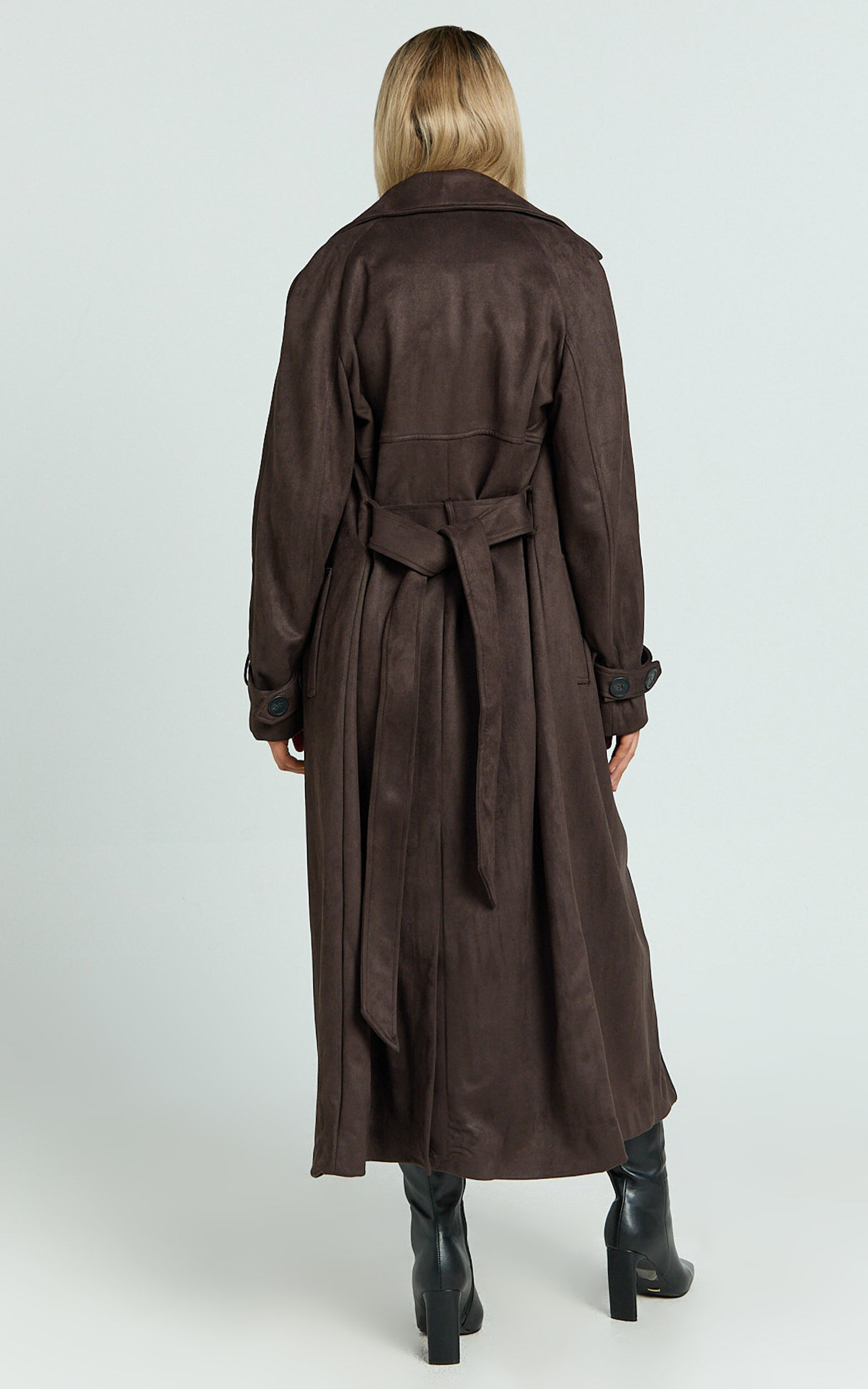 Sandara Coat - Longline Suede Trench Coat in Dark Chocolate