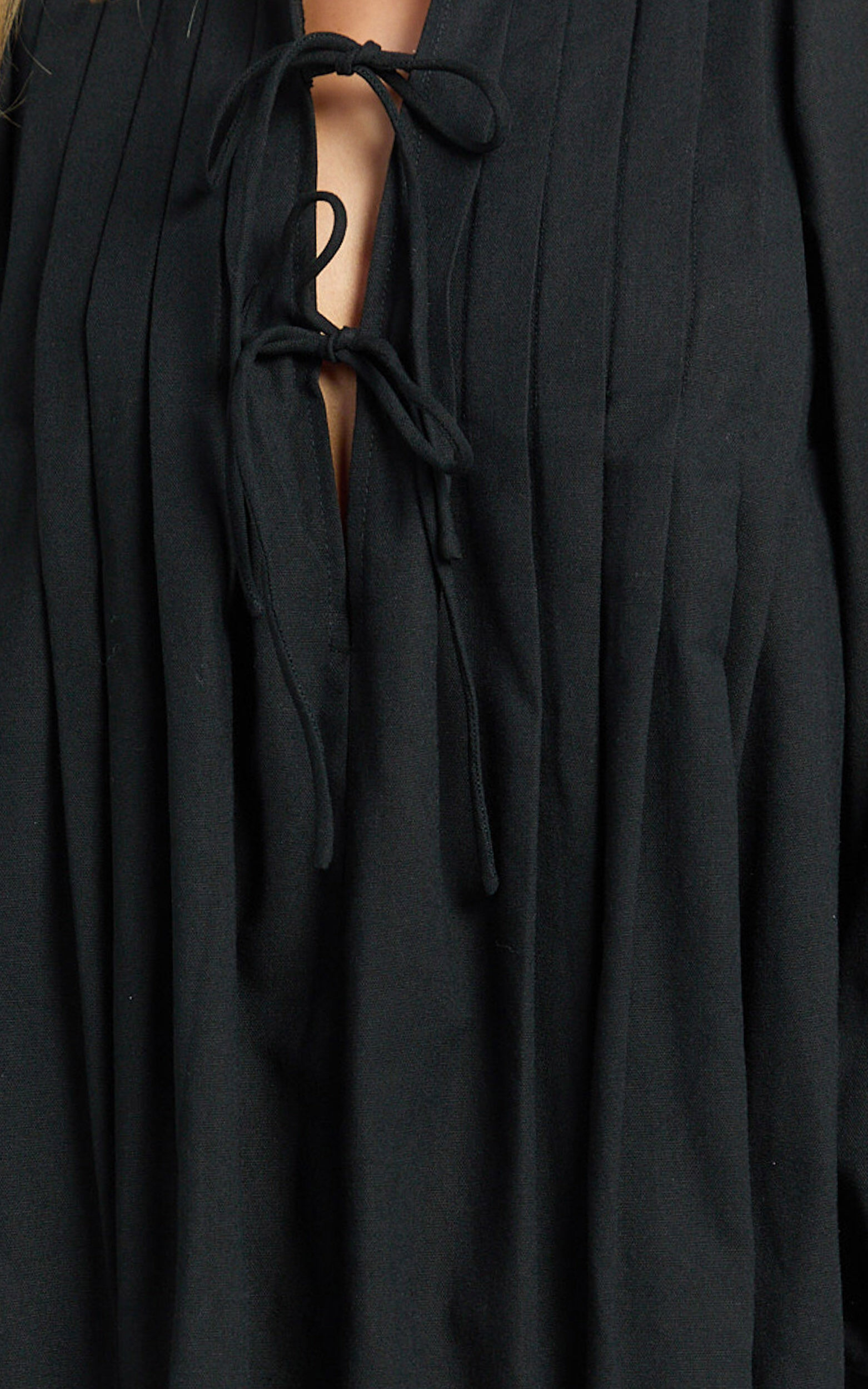 Suzette Mini Dress - High Neck Tie Front Long Sleeve Pleat Front Babydoll Dress in Black