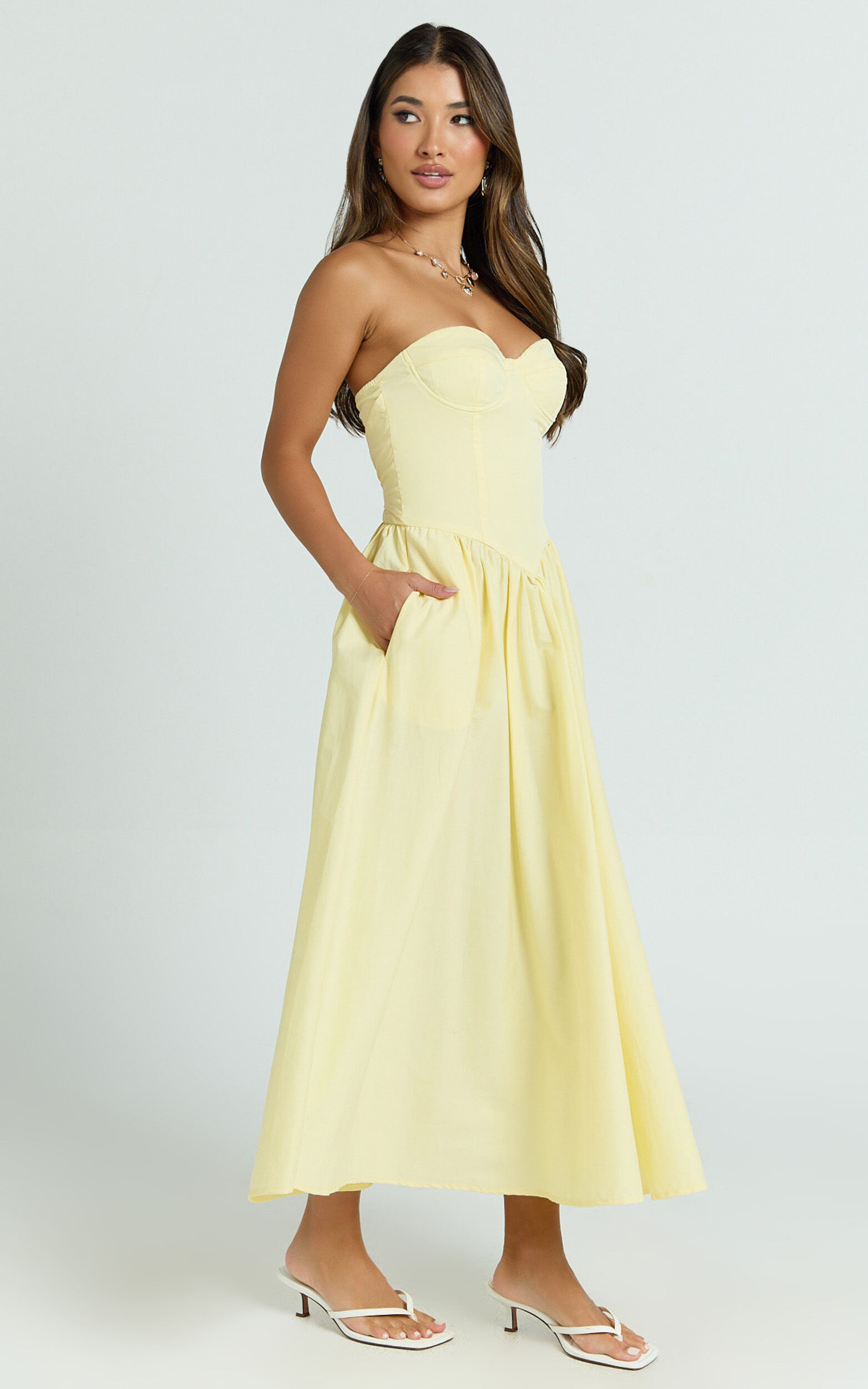 Daria Midi Dress - Strapless Corset Gathered Dress in Lemon