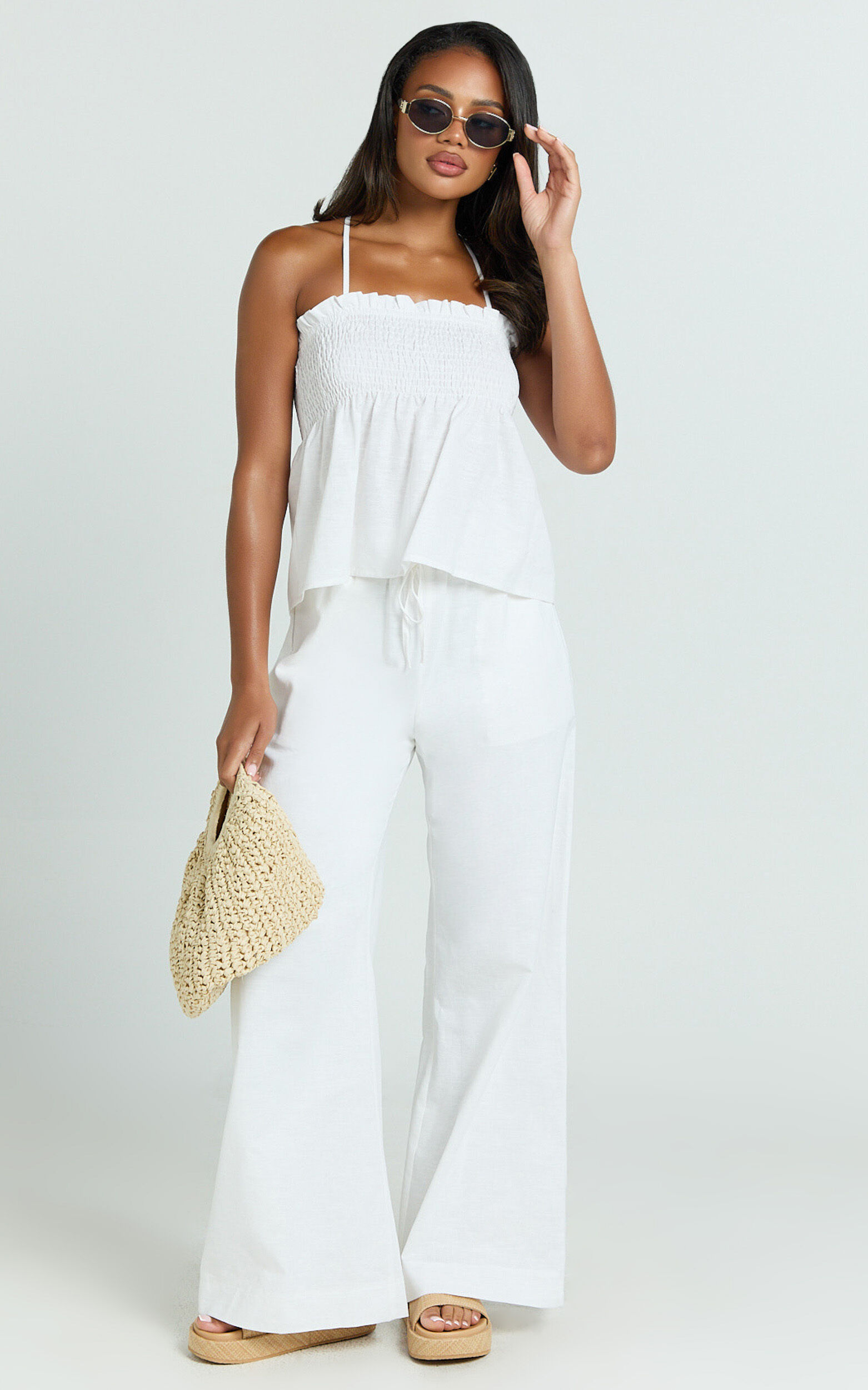 Alma Two Piece Set - Cotton Cami Pant Set in White