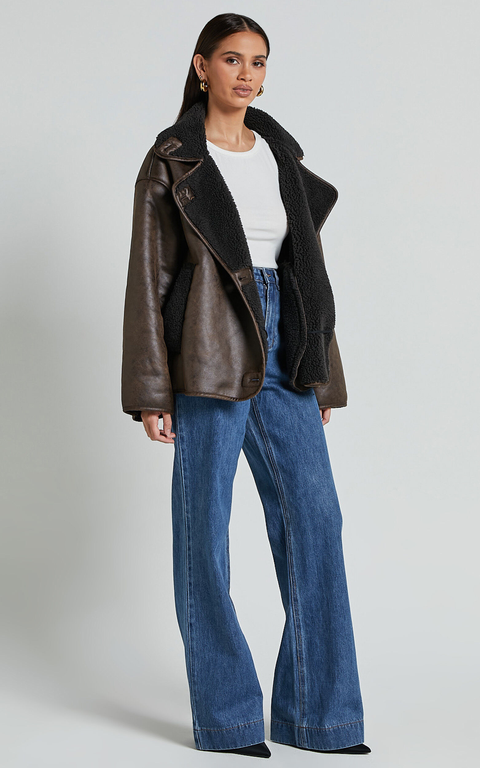 Matilda Jacket - PU Borg Collar Jacket in Brown