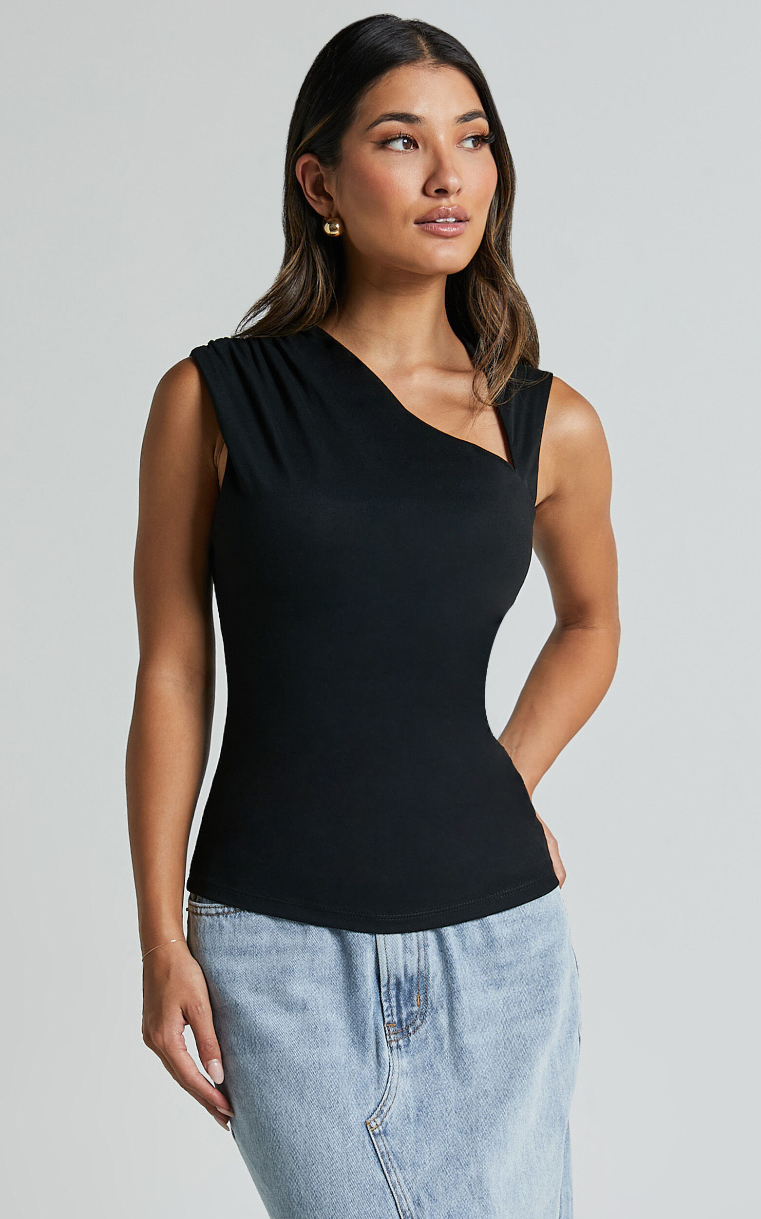 Inessa Top - Sleeveless Asymmetrical Neck Top in Black