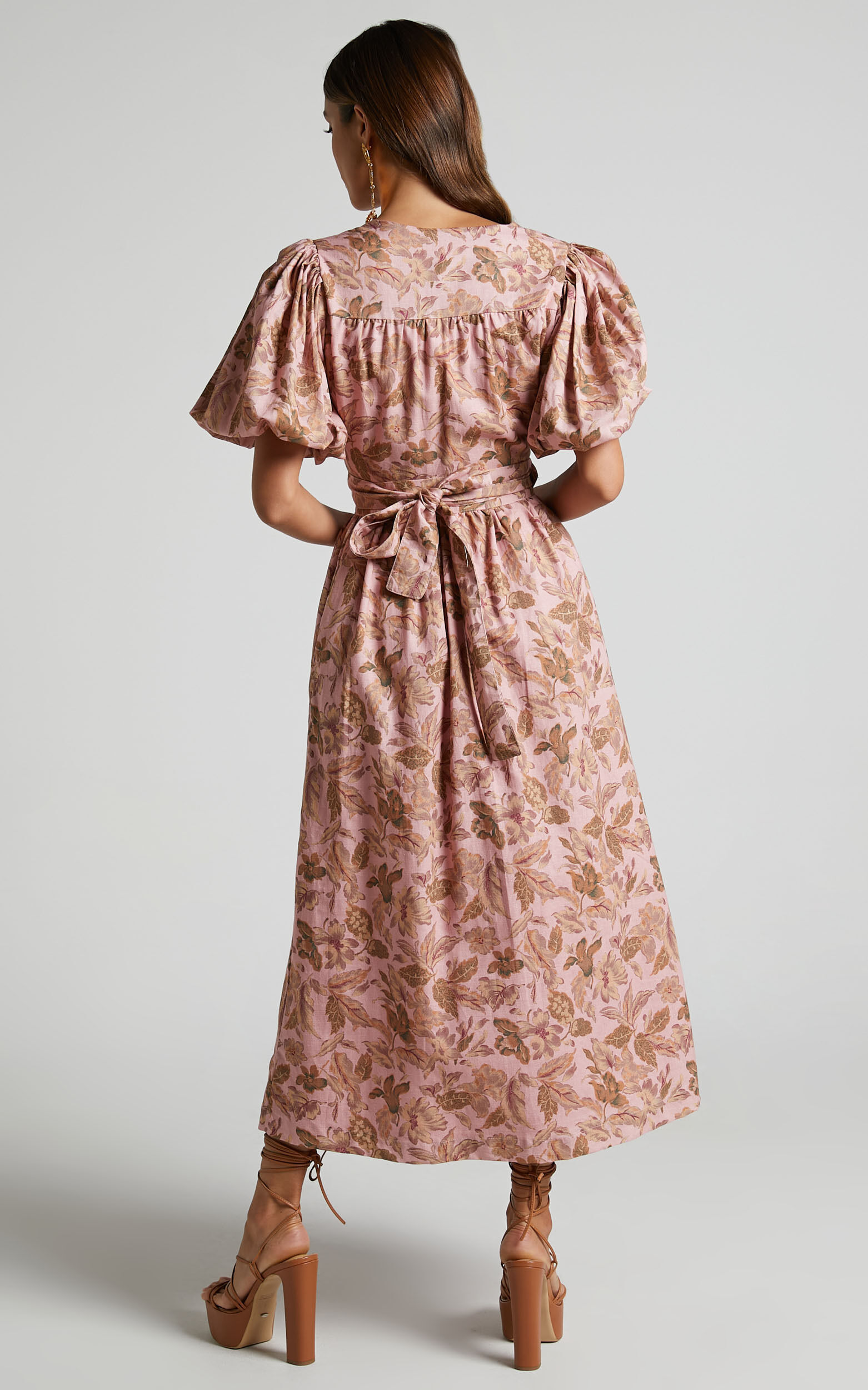 Amalie The Label - Franc Linen Puff Sleeve Wrap Midi Linen Dress in Vahala Print